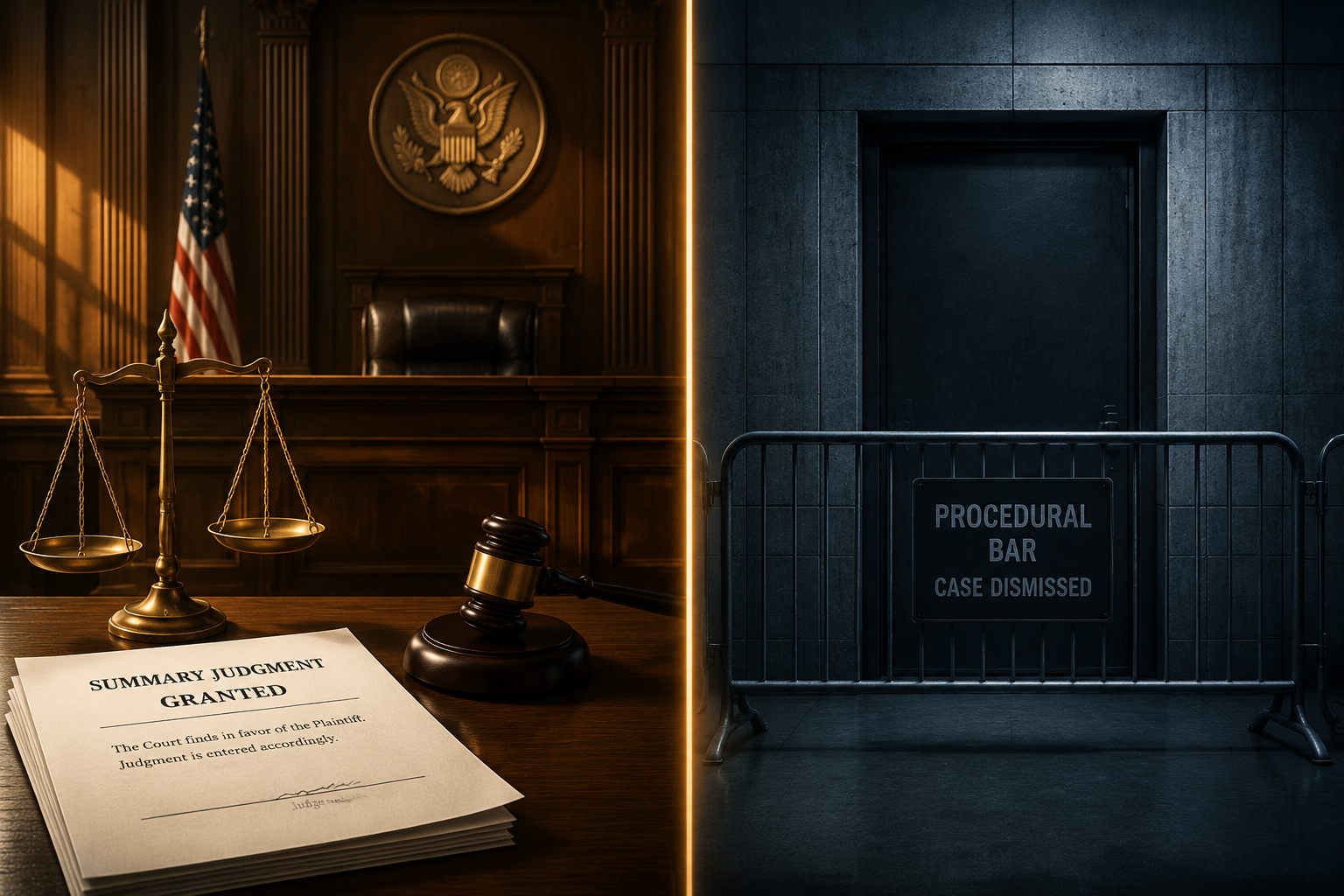 Split federal courtroom and closed barrier illustrating the tension between a strong legal finding and a blocked procedural remedy