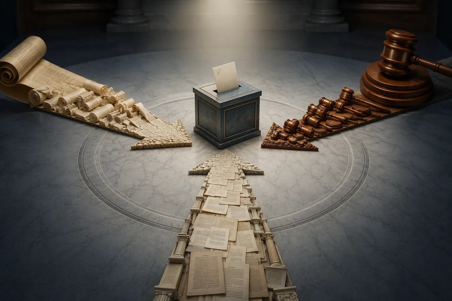 Three legal pathways converging toward a central ballot box with documents and a gavel