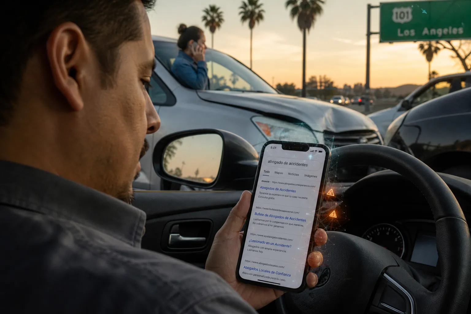 A Hispanic driver after a minor California highway accident searches for Spanish-language lawyer results on a smartphone