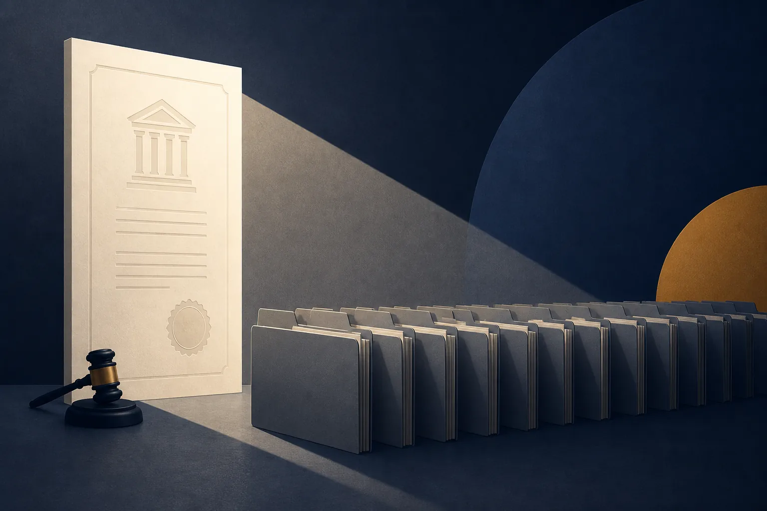 Judicial order document casting a shadow over a row of case-file folders