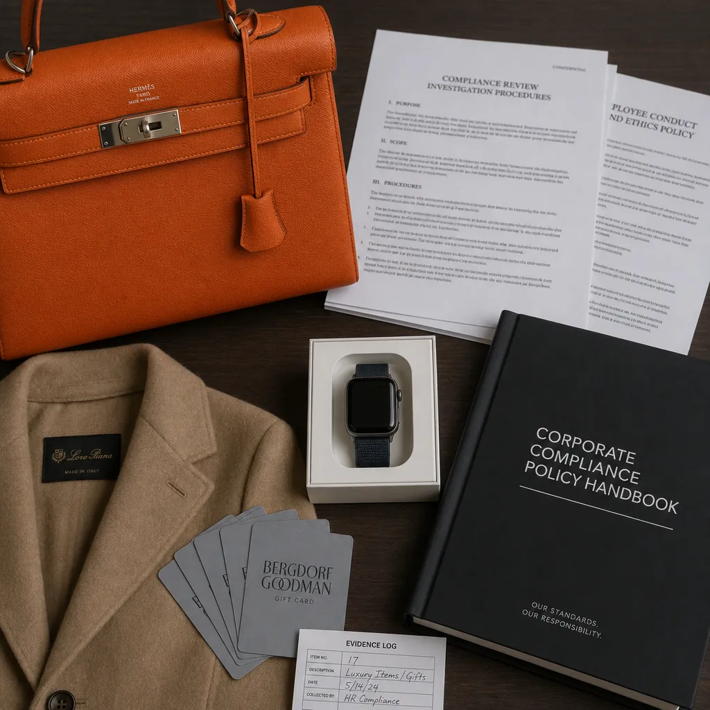 Luxury gifts arranged beside legal documents and a compliance policy handbook