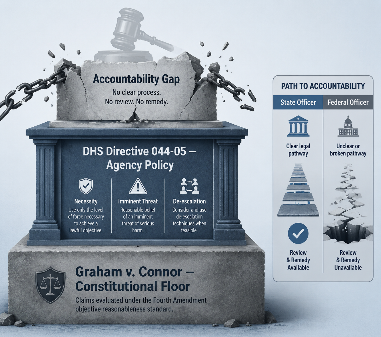 Diagram of Graham v. Connor, DHS Directive 044-05, and the accountability gap for federal officers
