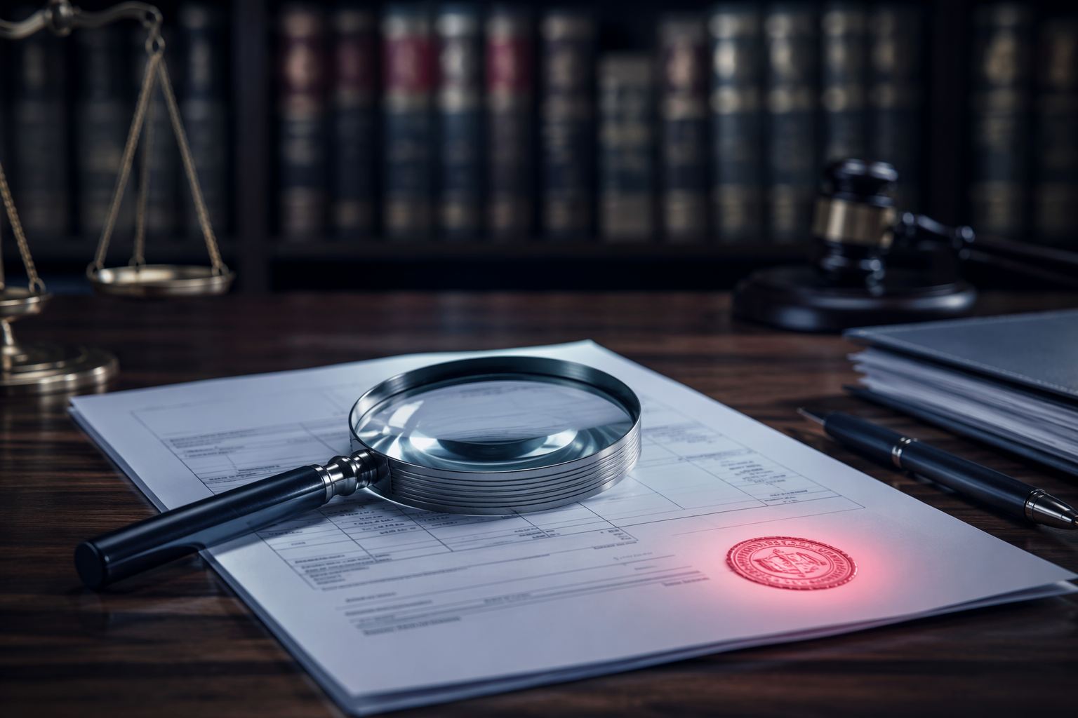 Commercial invoice under legal scrutiny on a polished desk