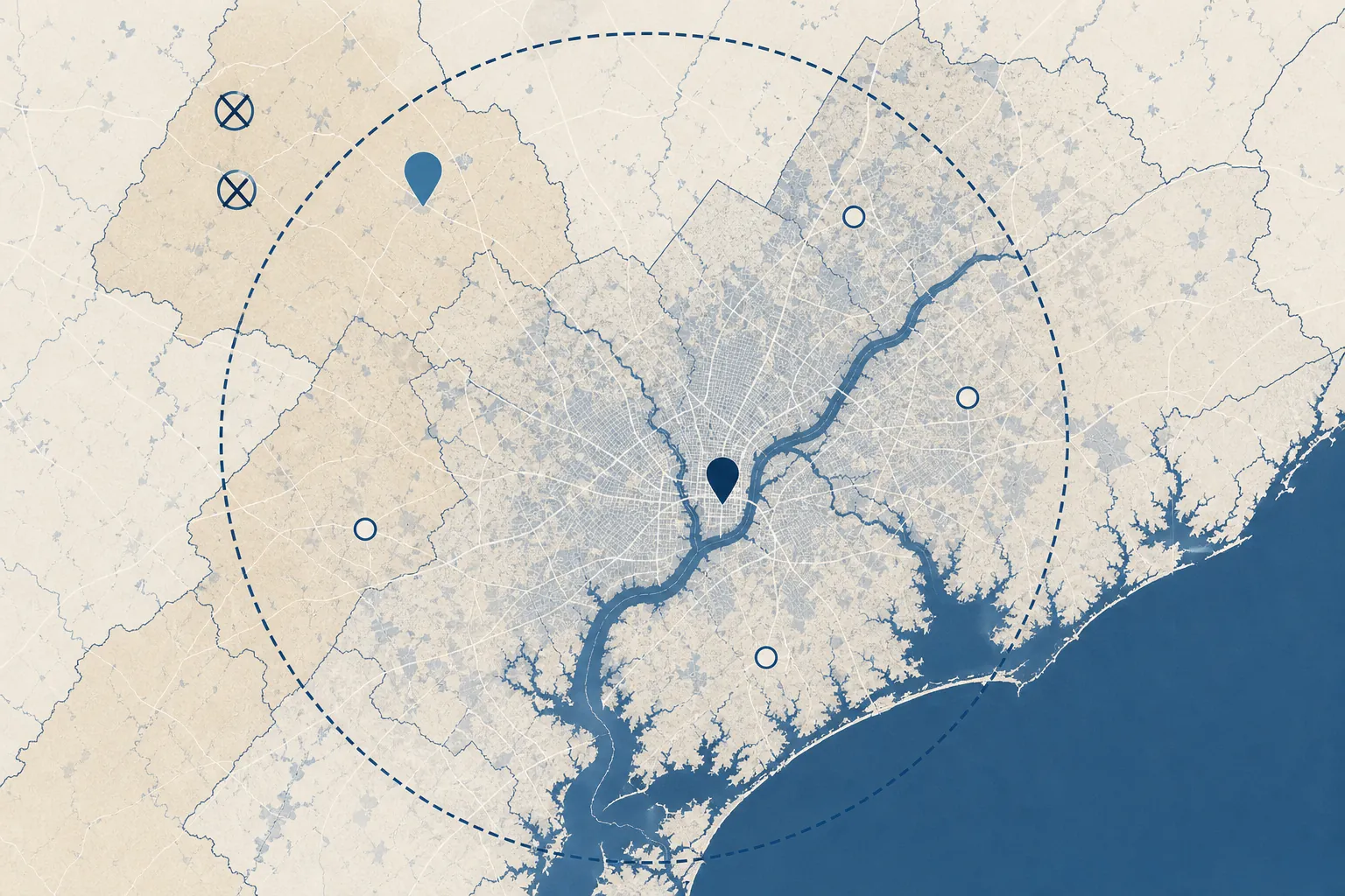 Map-style illustration of Philadelphia-area ICE detention records with active, cancelled, county-jail, and procurement markers