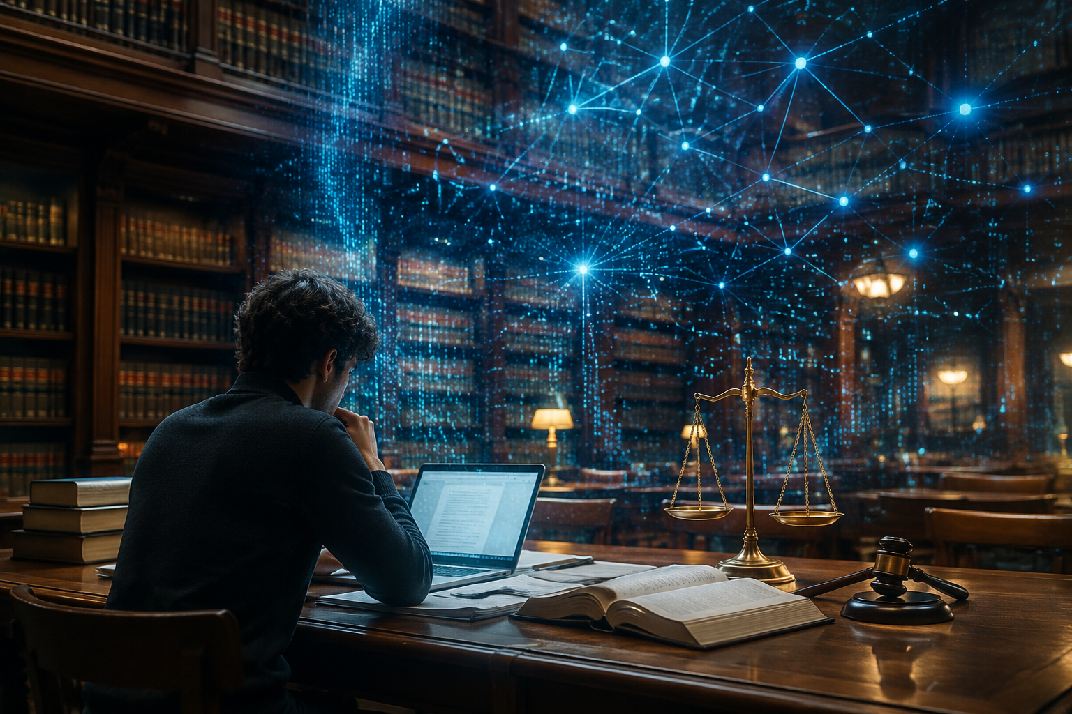 Law student reviewing documents on a laptop as blue AI data streams appear above a desk with a scale of justice and gavel