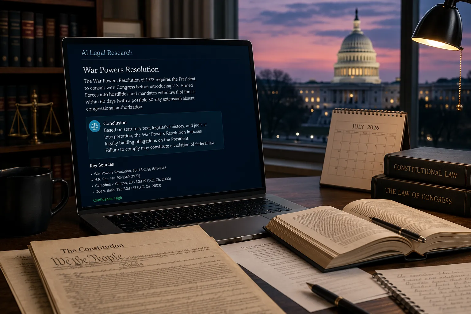 Legal desk with AI research interface, constitutional law books, printed documents, Capitol view, and July 2026 calendar