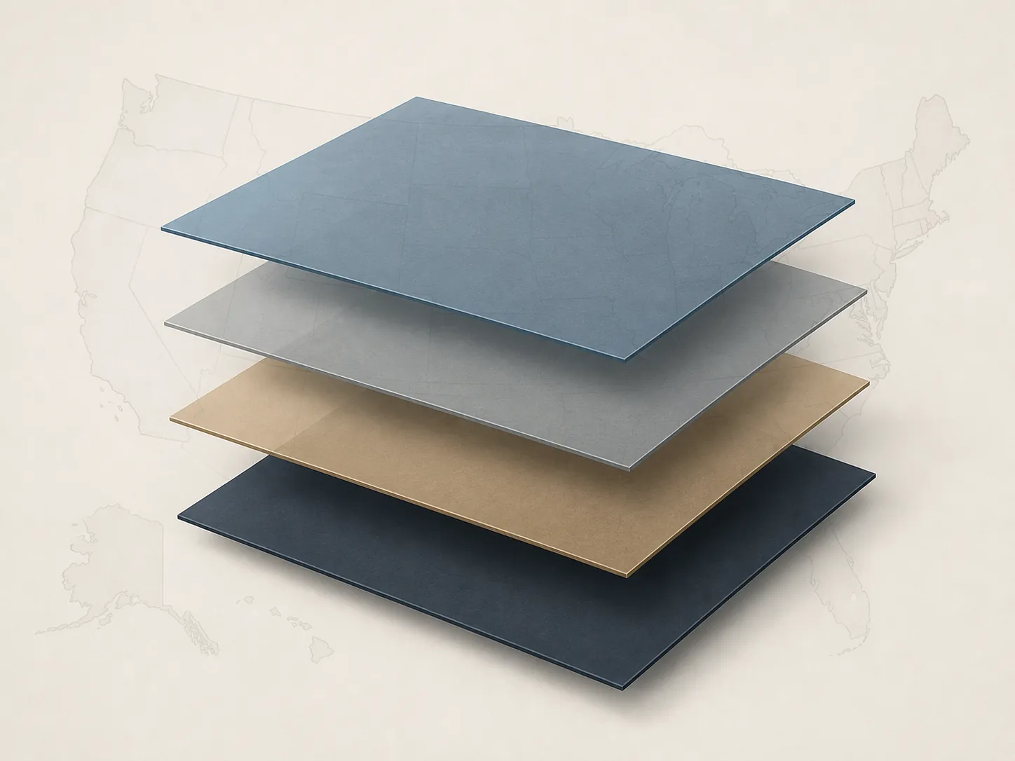 Four stacked document panels over a faint map outline representing layered legal obligations