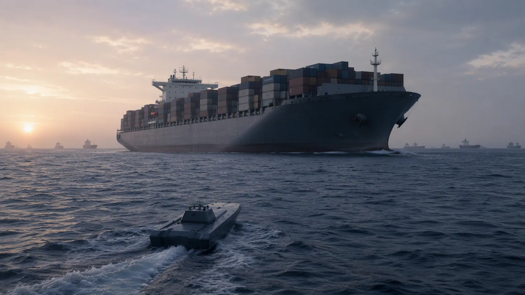 Commercial container ship at dawn with a small uncrewed surface vessel approaching in the foreground