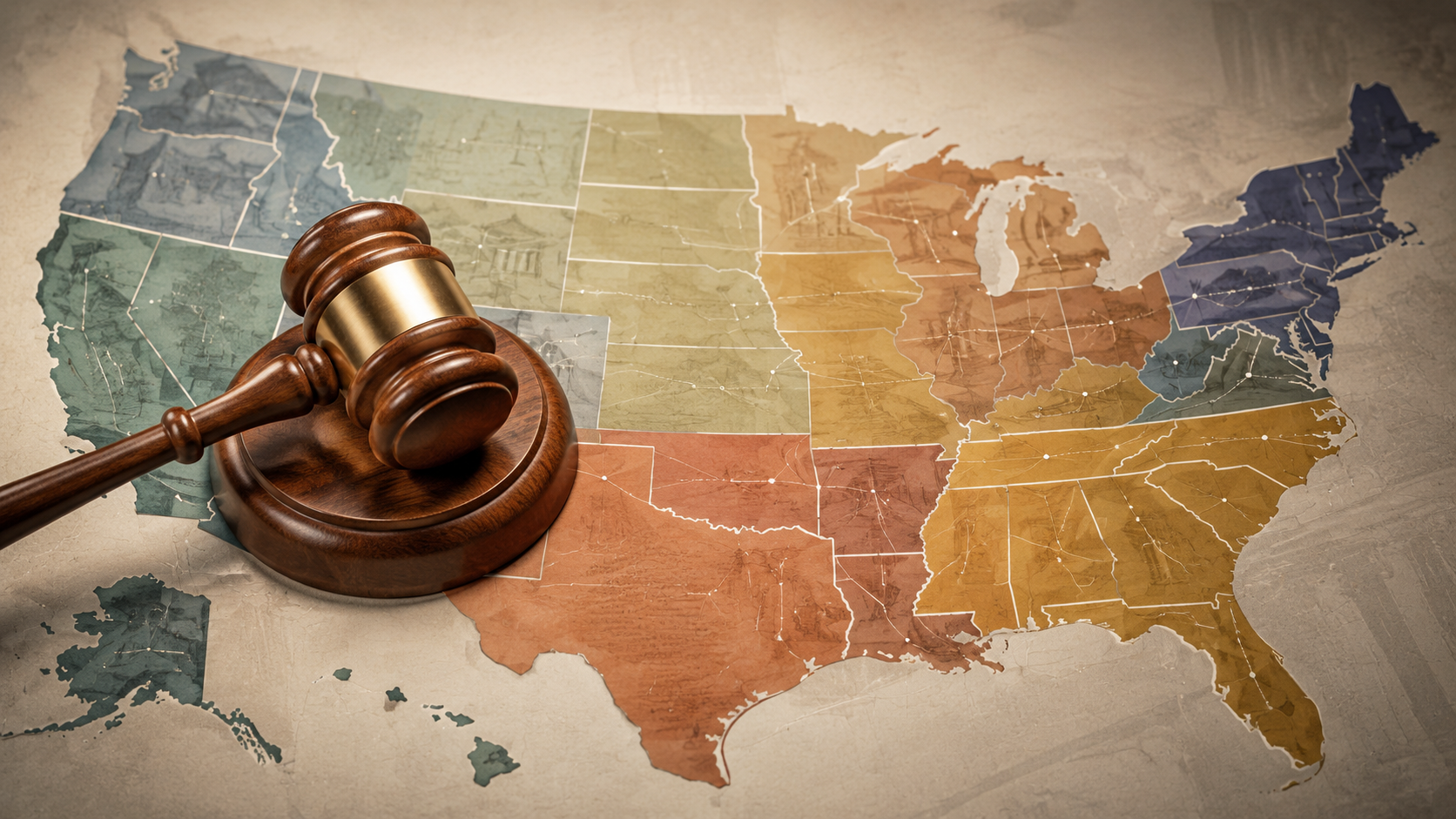 Gavel on a US map showing a patchwork of different jurisdictional AI court-filing rules