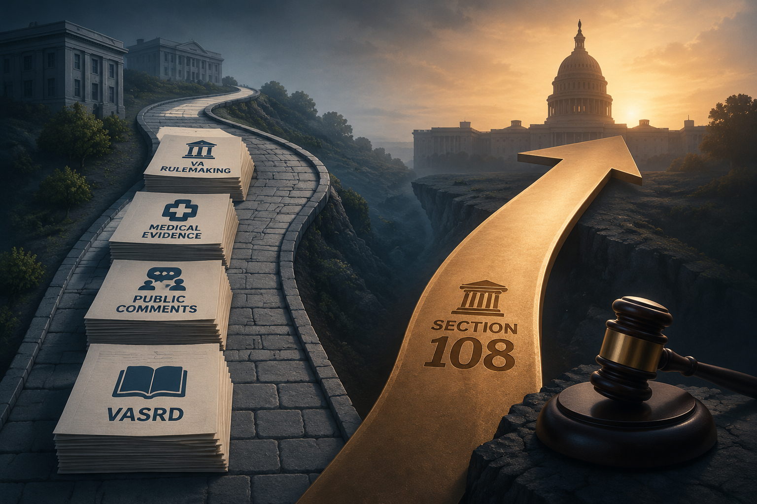Illustration comparing the VA rulemaking pathway with a Section 108 statutory shortcut