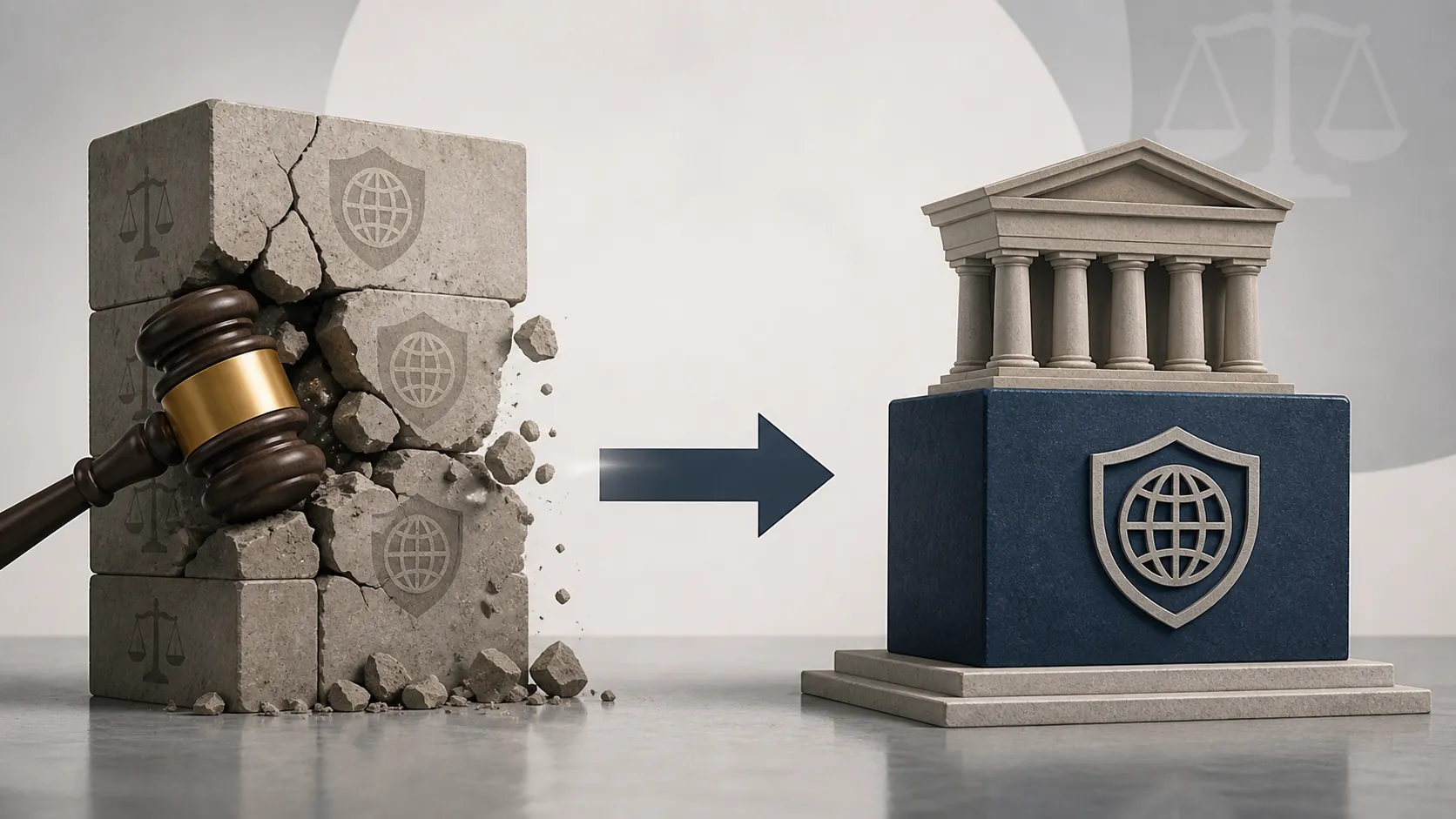 A gavel breaks one tariff block while a replacement block rises beside it