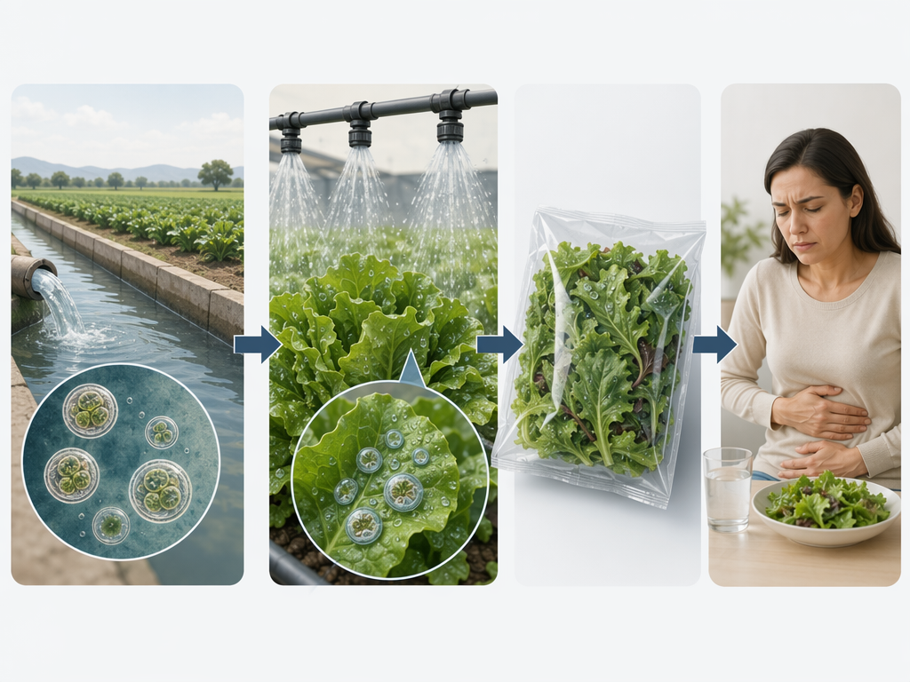 A flow diagram showing irrigation water moving onto leafy greens and through packaging to a consumer