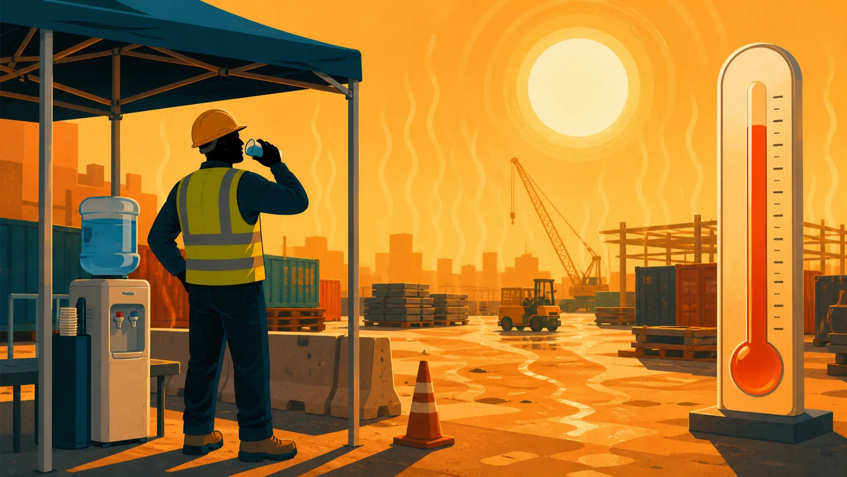 Outdoor worker in high-visibility vest under a shade canopy beside a water cooler during extreme heat