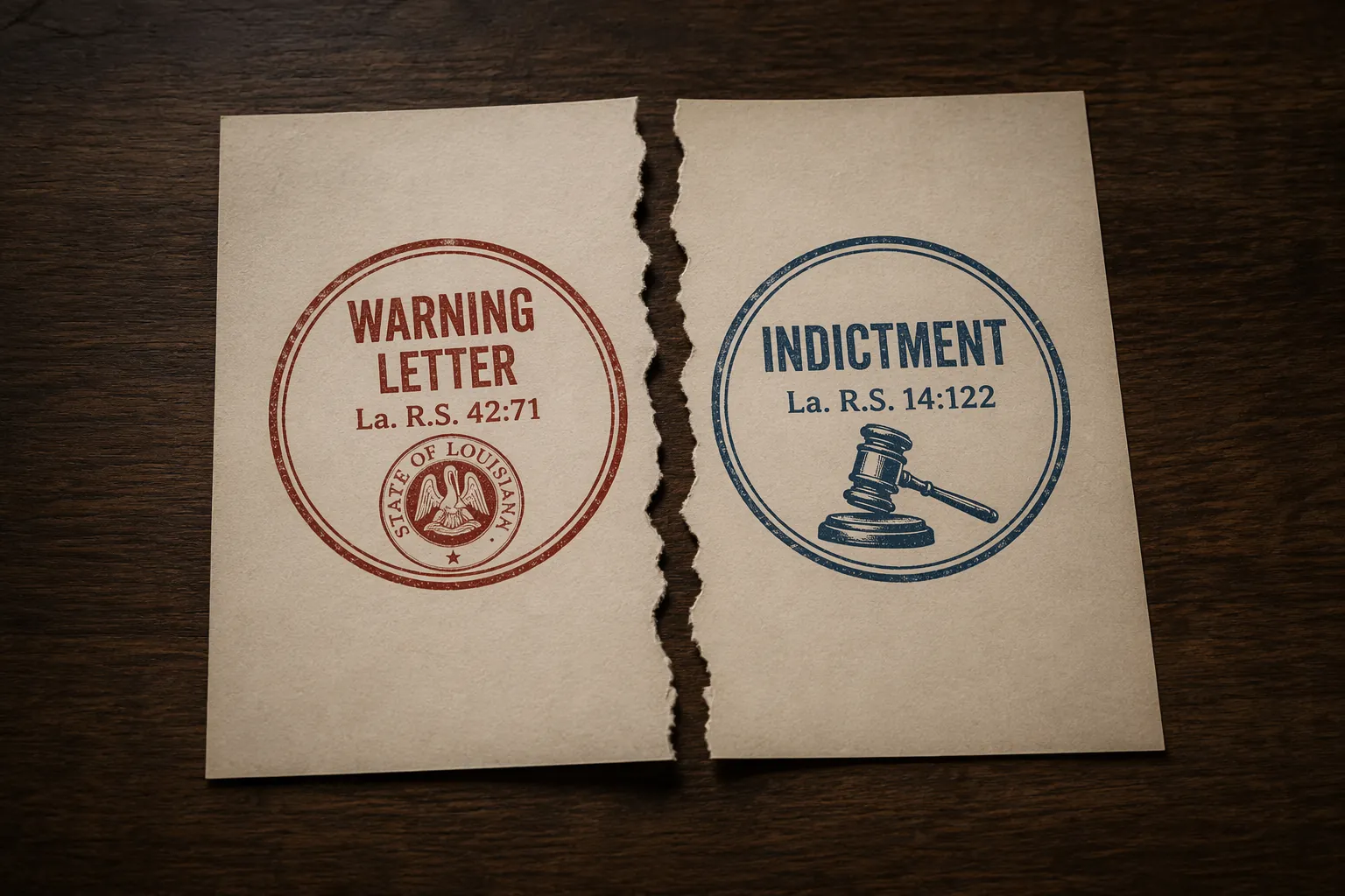 Cracked legal document contrasting a warning letter under La. R.S. 42:71 with an indictment under La. R.S. 14:122