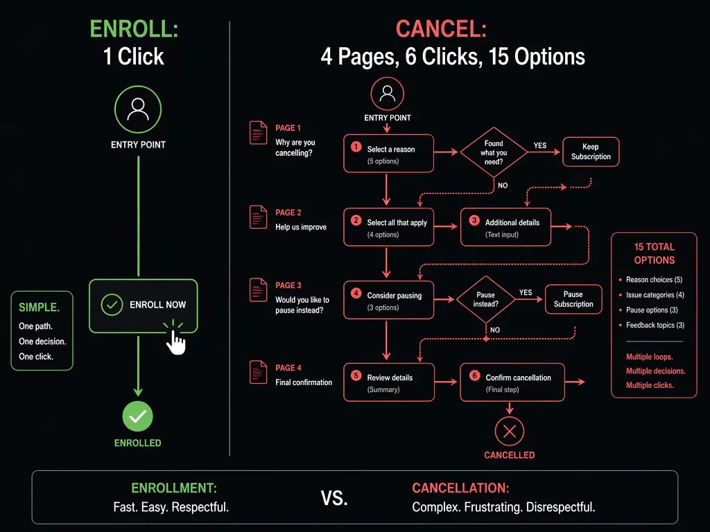 Side-by-side subscription flow showing one-click enrollment compared with a complex cancellation maze