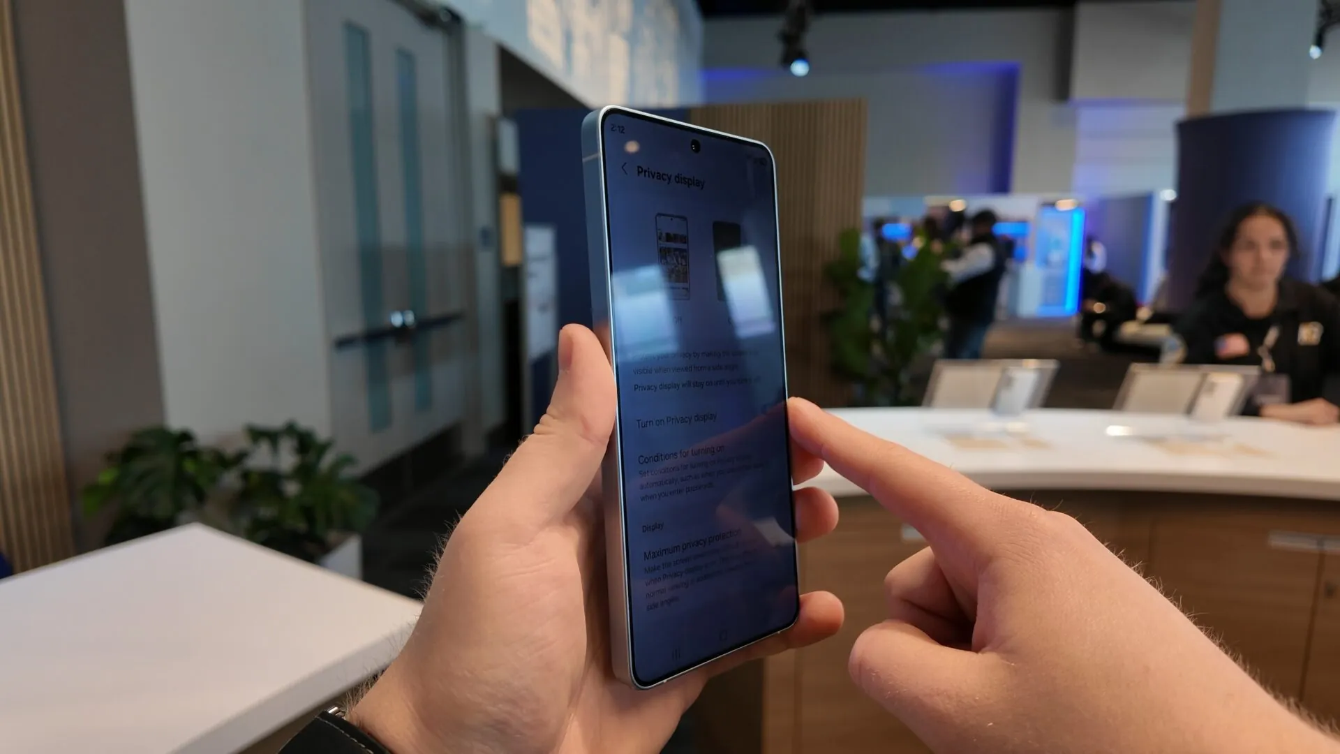 Samsung Galaxy S26 Ultra shown at a side angle with Privacy Display obscuring screen content