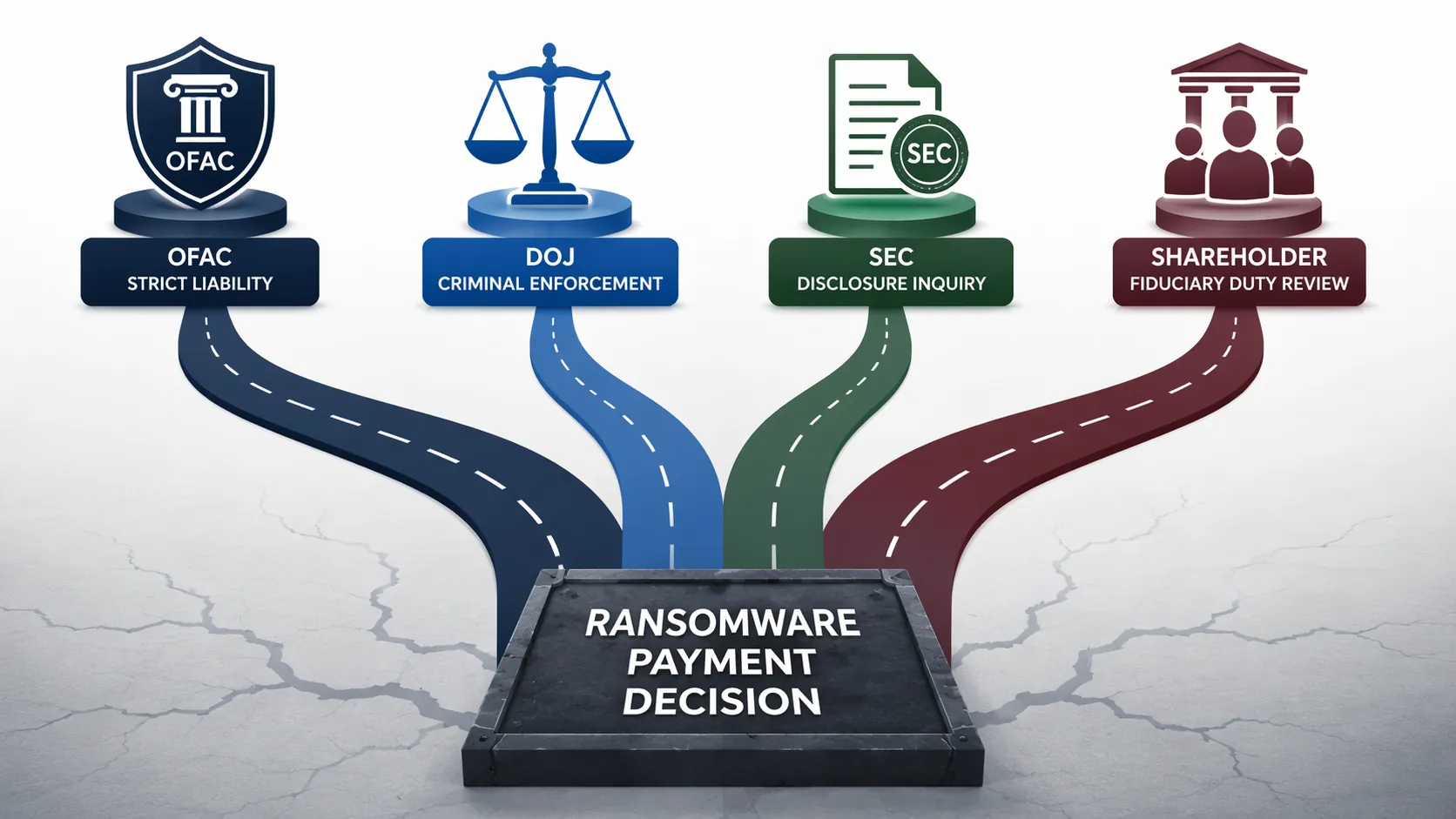Ransomware payment decision splitting into four divergent legal outcomes