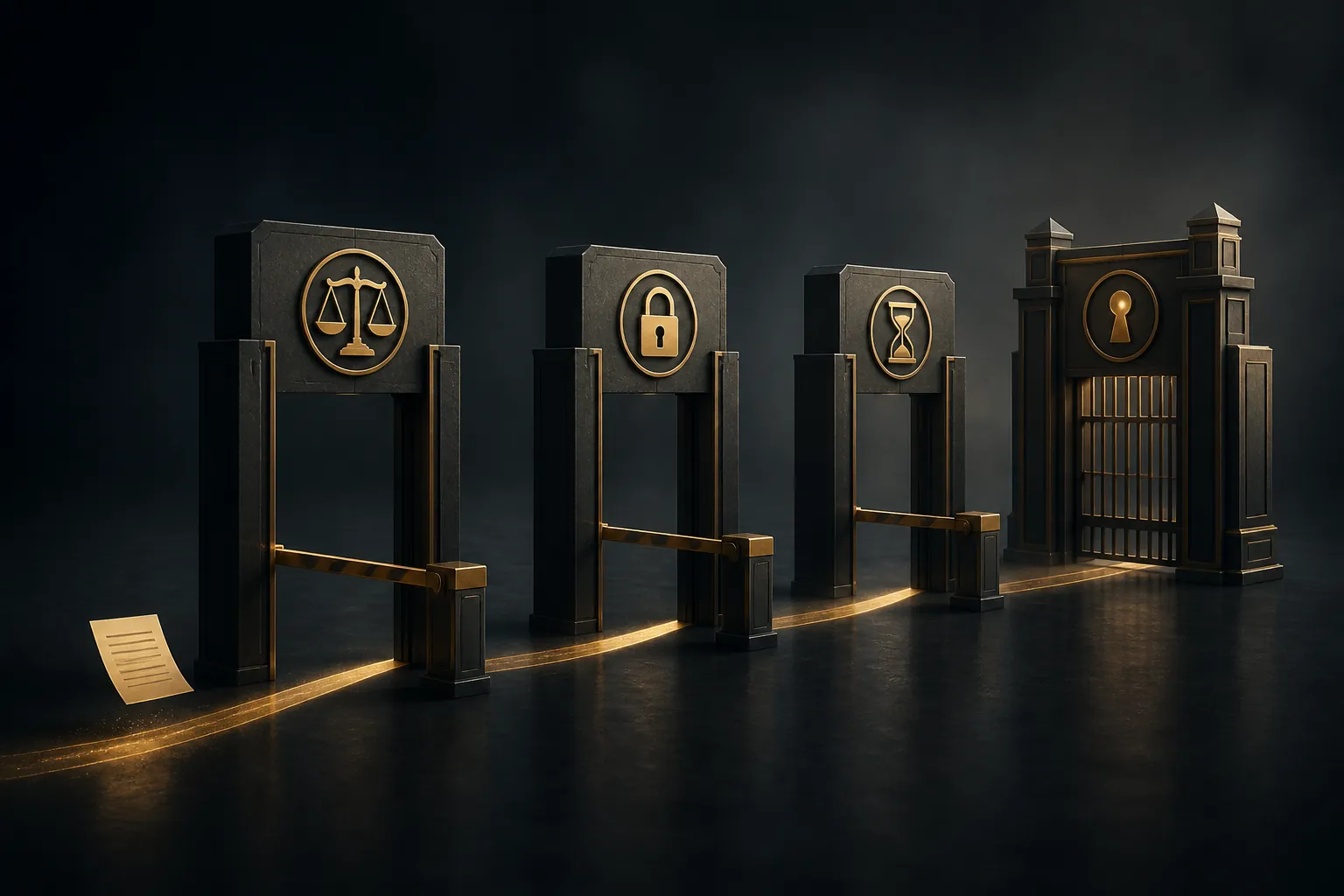 Document passing through multiple approval gates, showing designation followed by independent reviews