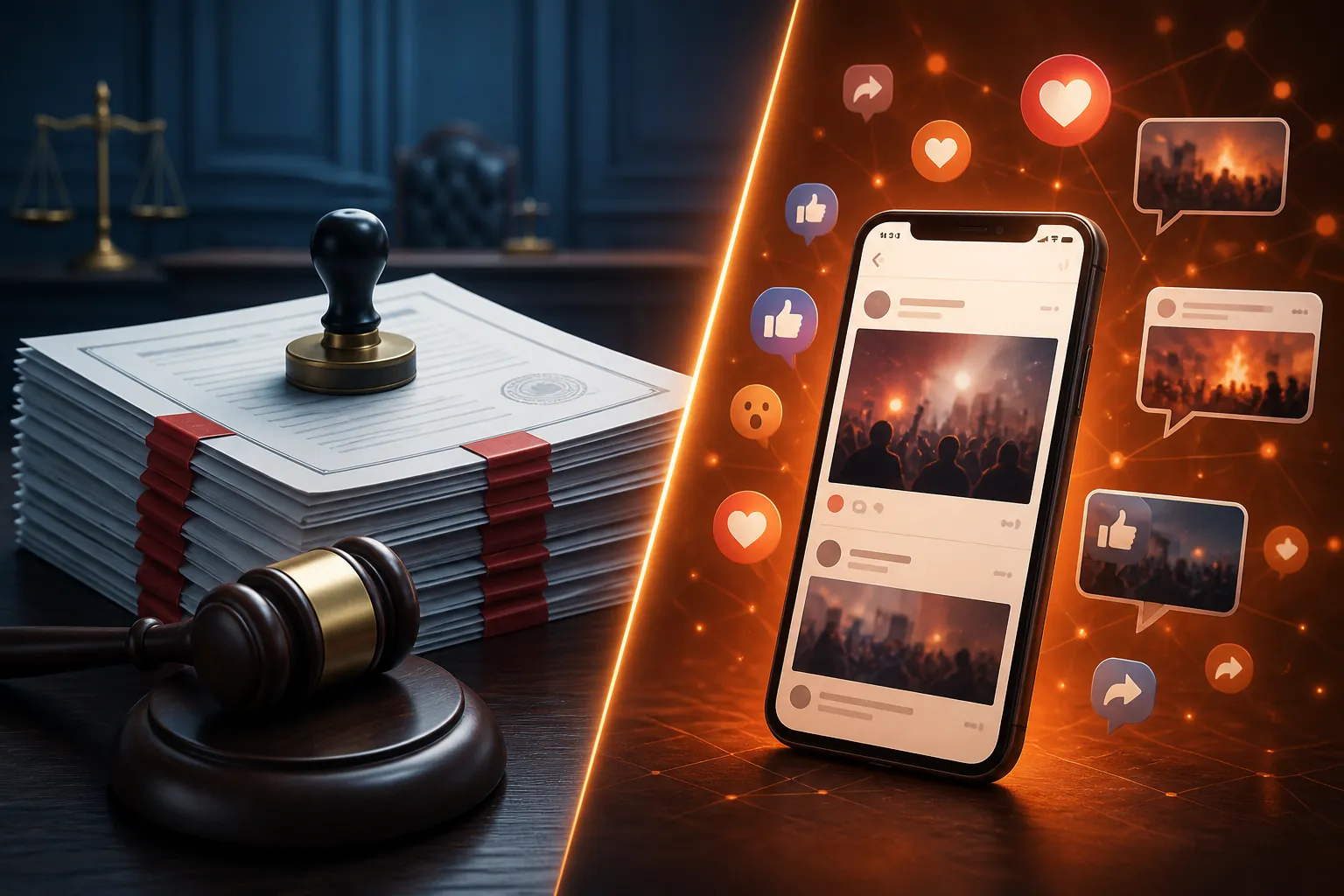 Court files contrasted with a smartphone feed to show the gap between the official record and viral reporting