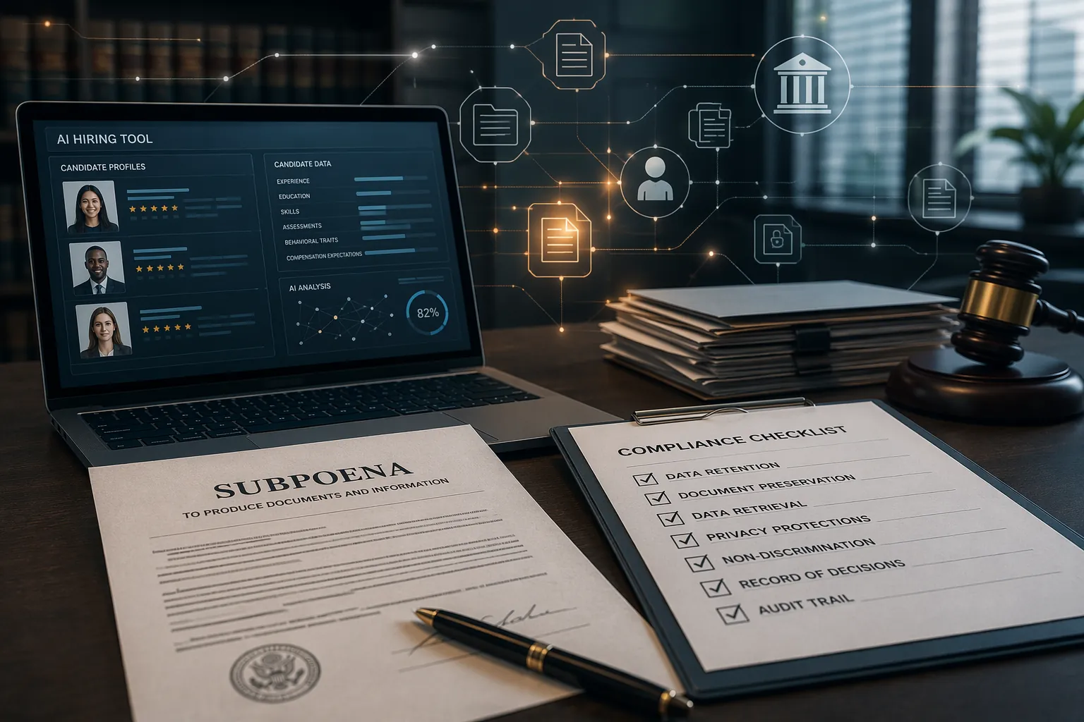 Law office desk with AI hiring interface, subpoena documents, compliance papers, and digital records network overlay