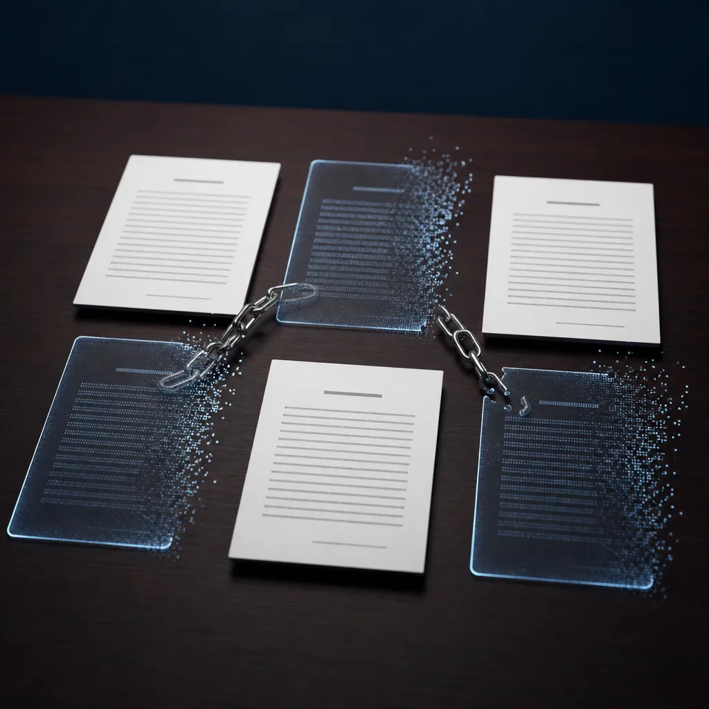 Six legal document cards with three solid cards and three translucent glitching cards representing failed citation verification