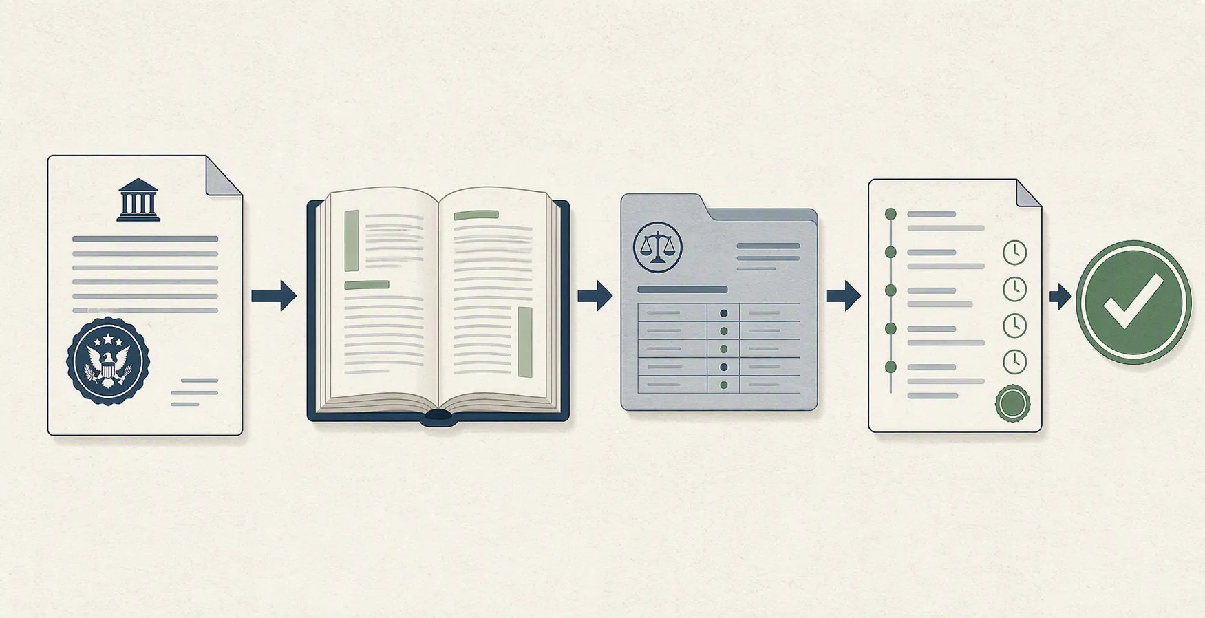 Illustration of an agency statement, statute book, docket card, and timestamped log connected to a verification checkmark