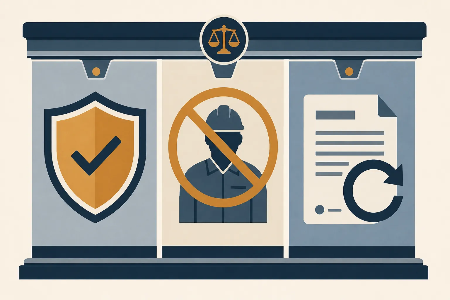 Three-panel framework showing a shield, a crossed-out worker silhouette, and a refresh document icon