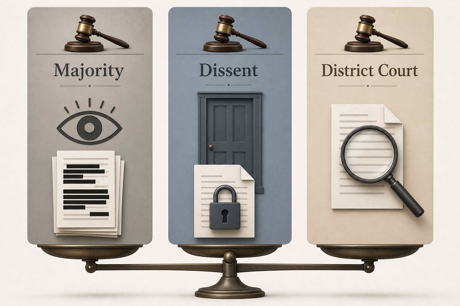 Three judicial columns labeled majority, dissent, and district court, each topped with a gavel and connected by a scale at the base
