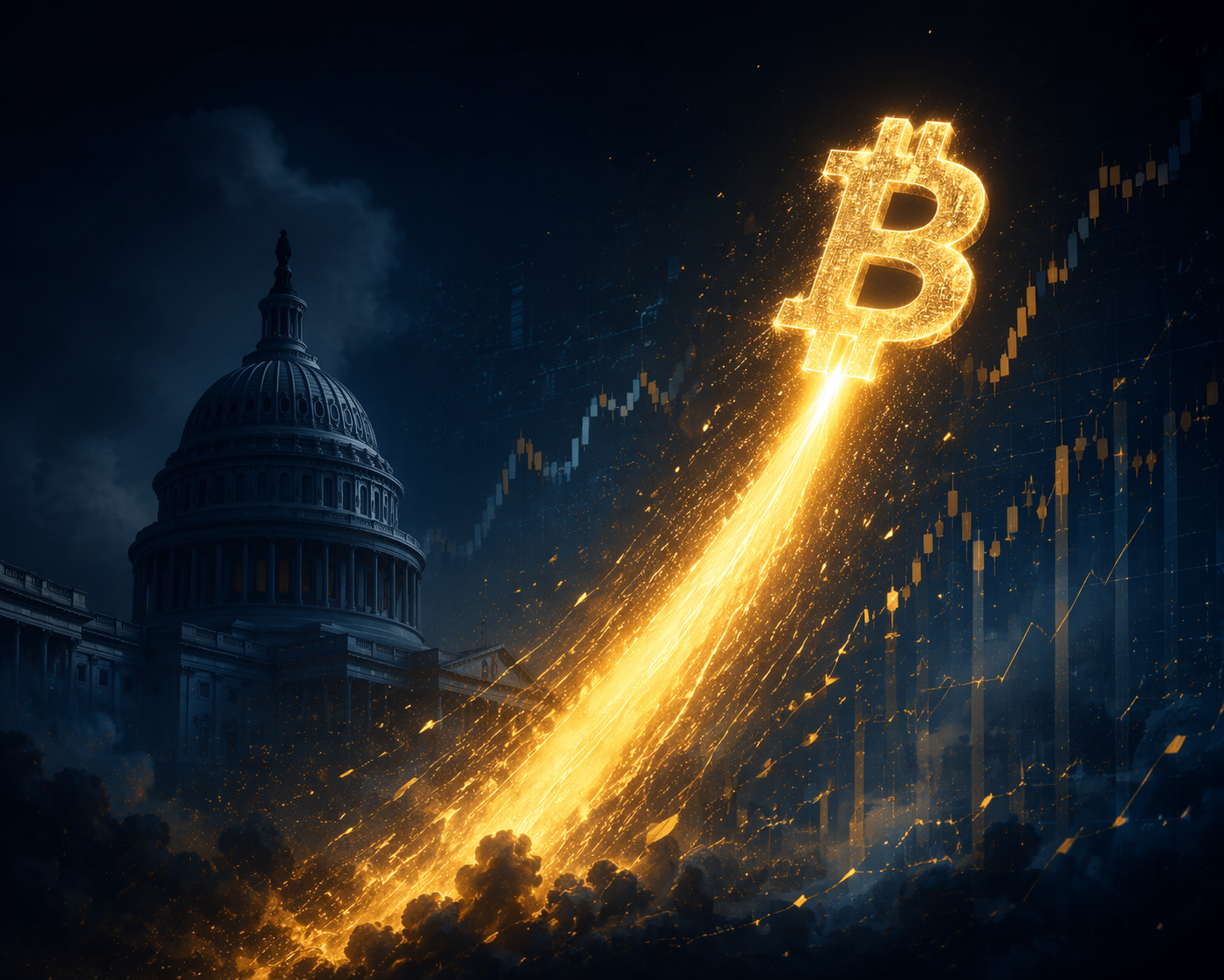 An abstract glowing Bitcoin symbol rises sharply upward against a dark financial-market backdrop, with the U.S. Capitol faintly visible in the background.