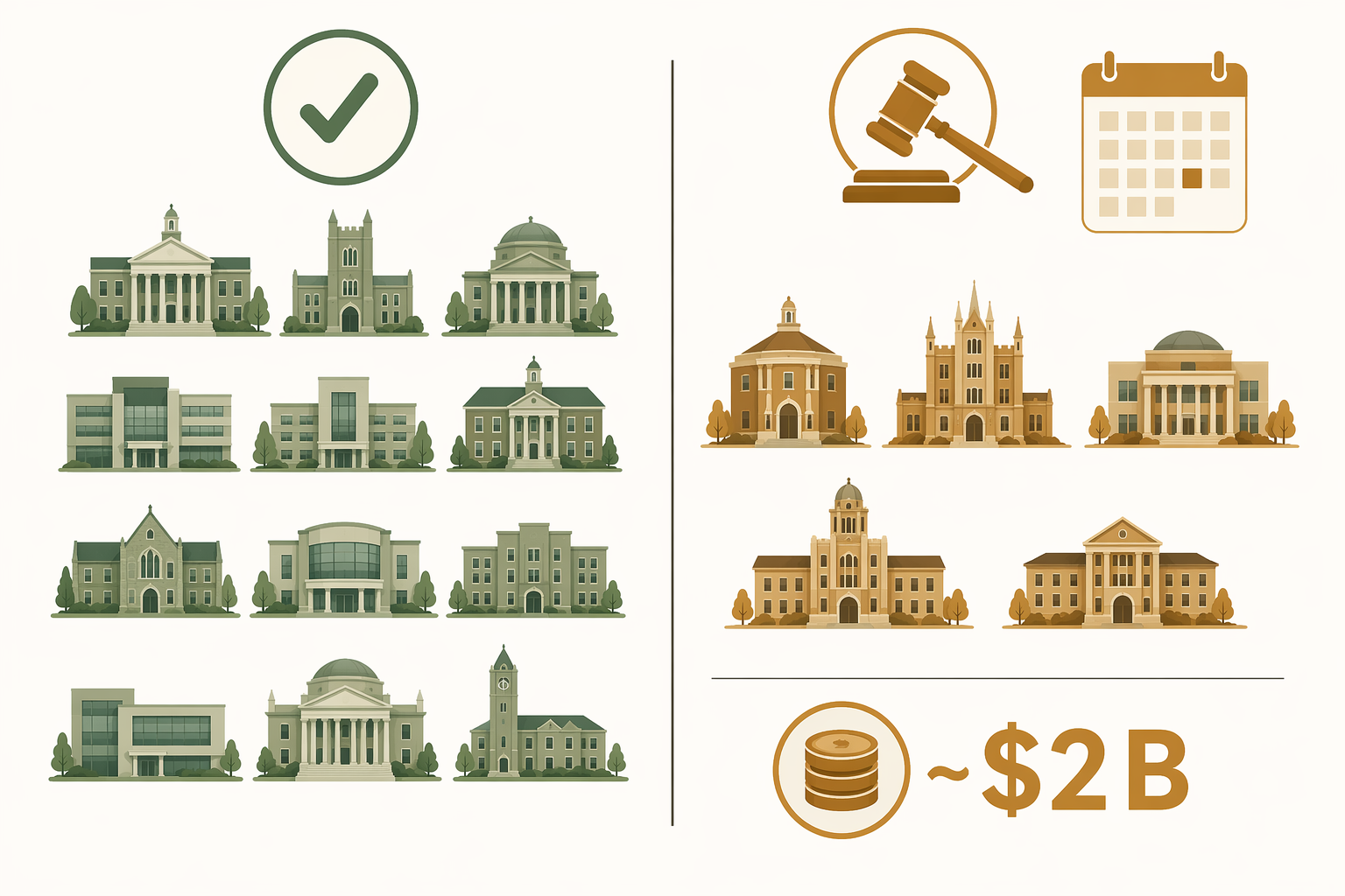Comparison graphic showing 12 settled universities and 5 remaining defendants under a gavel and November 2026 calendar marker.