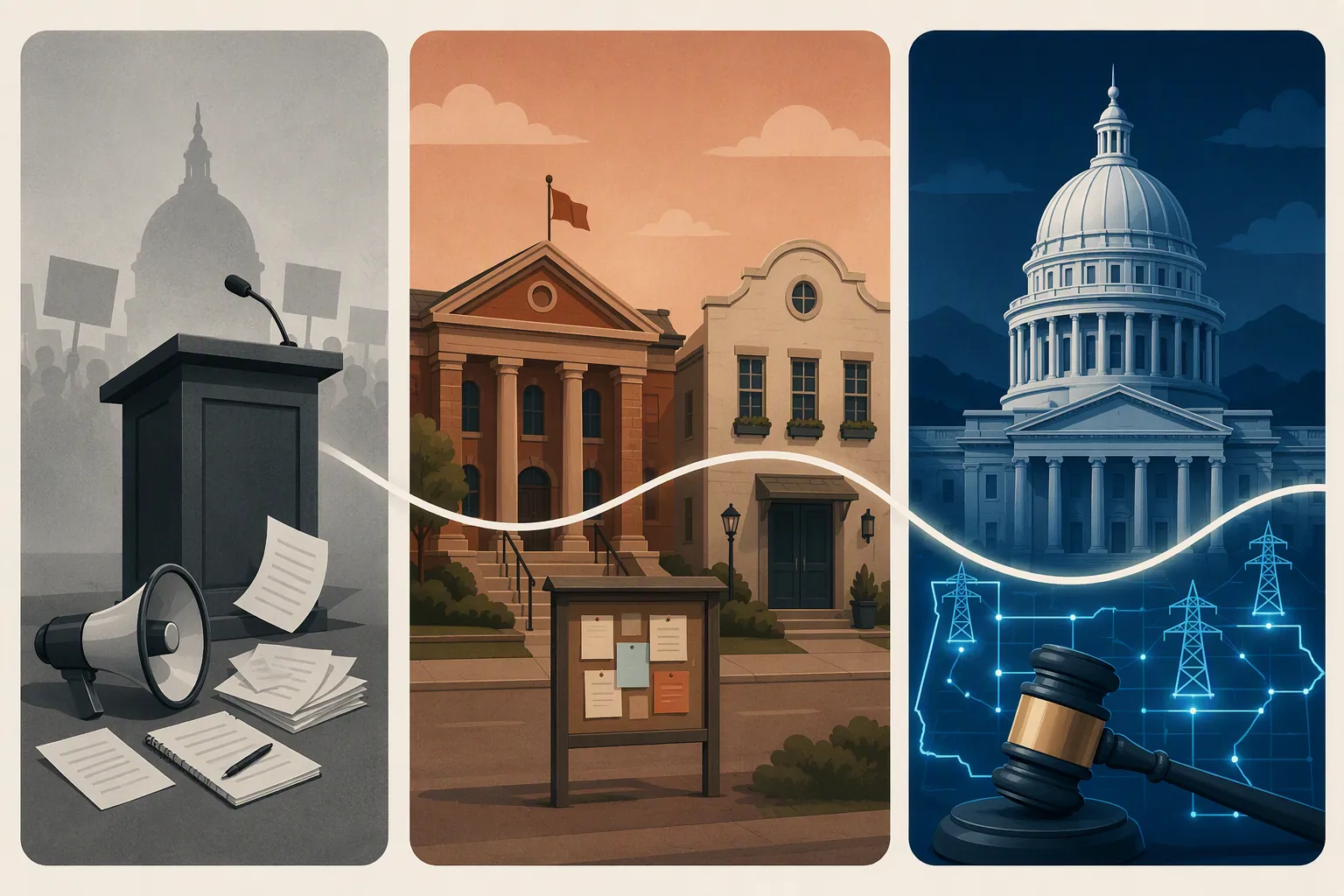 Three panels showing political proposal, county action, and statewide legal authority