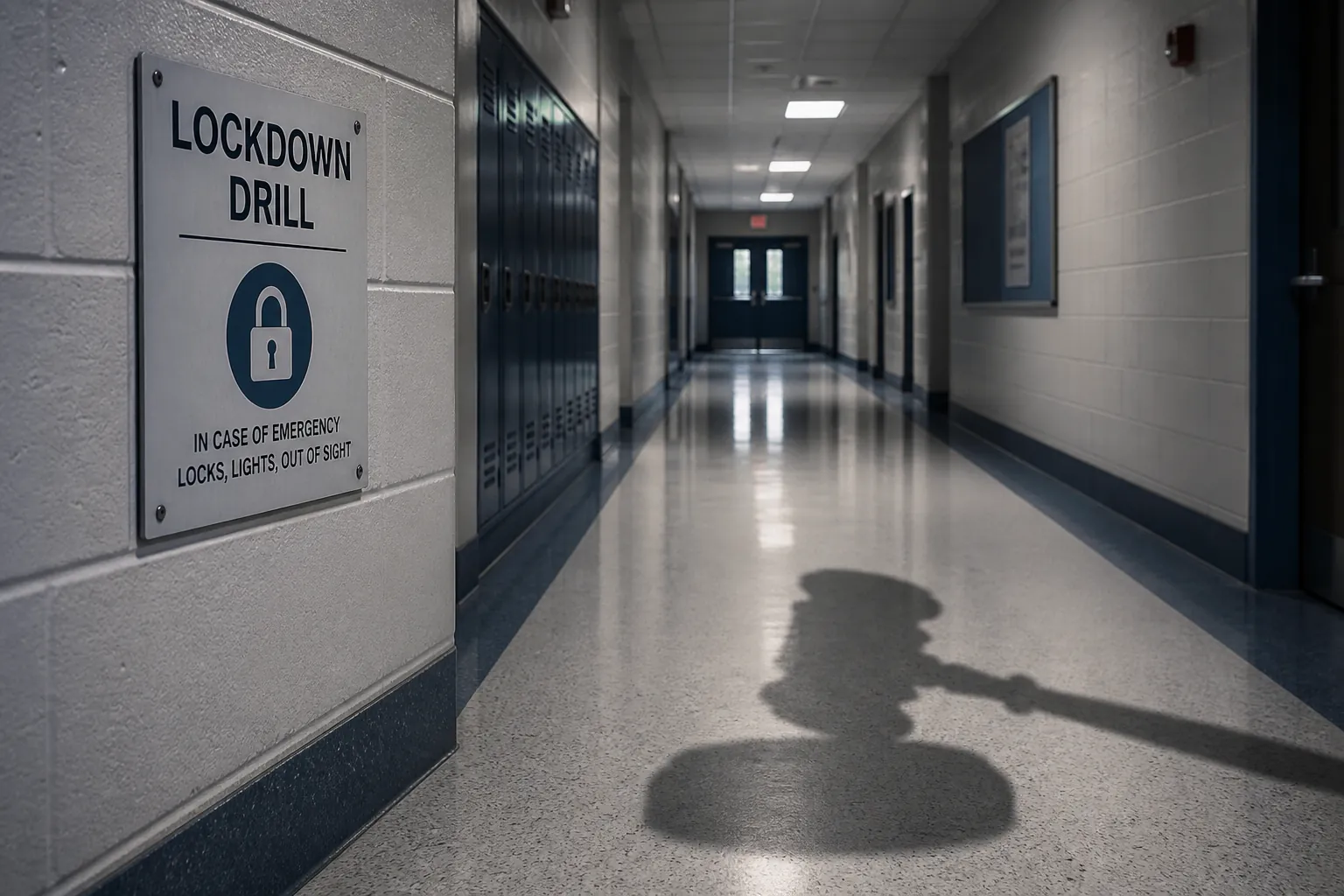 Empty school hallway with a lockdown drill sign and a gavel shadow across the floor
