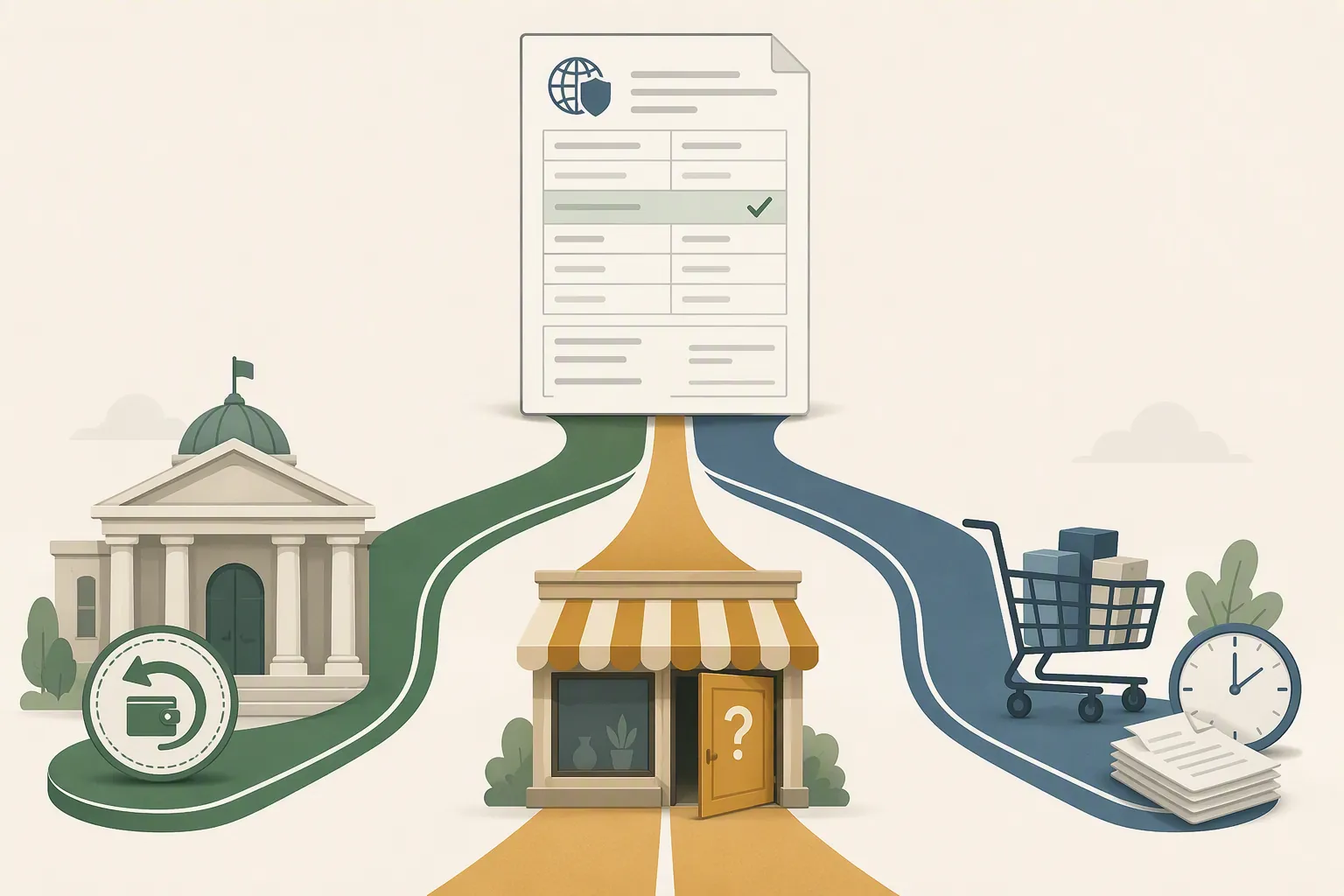 Customs entry document with a highlighted name field branching into three refund eligibility pathways