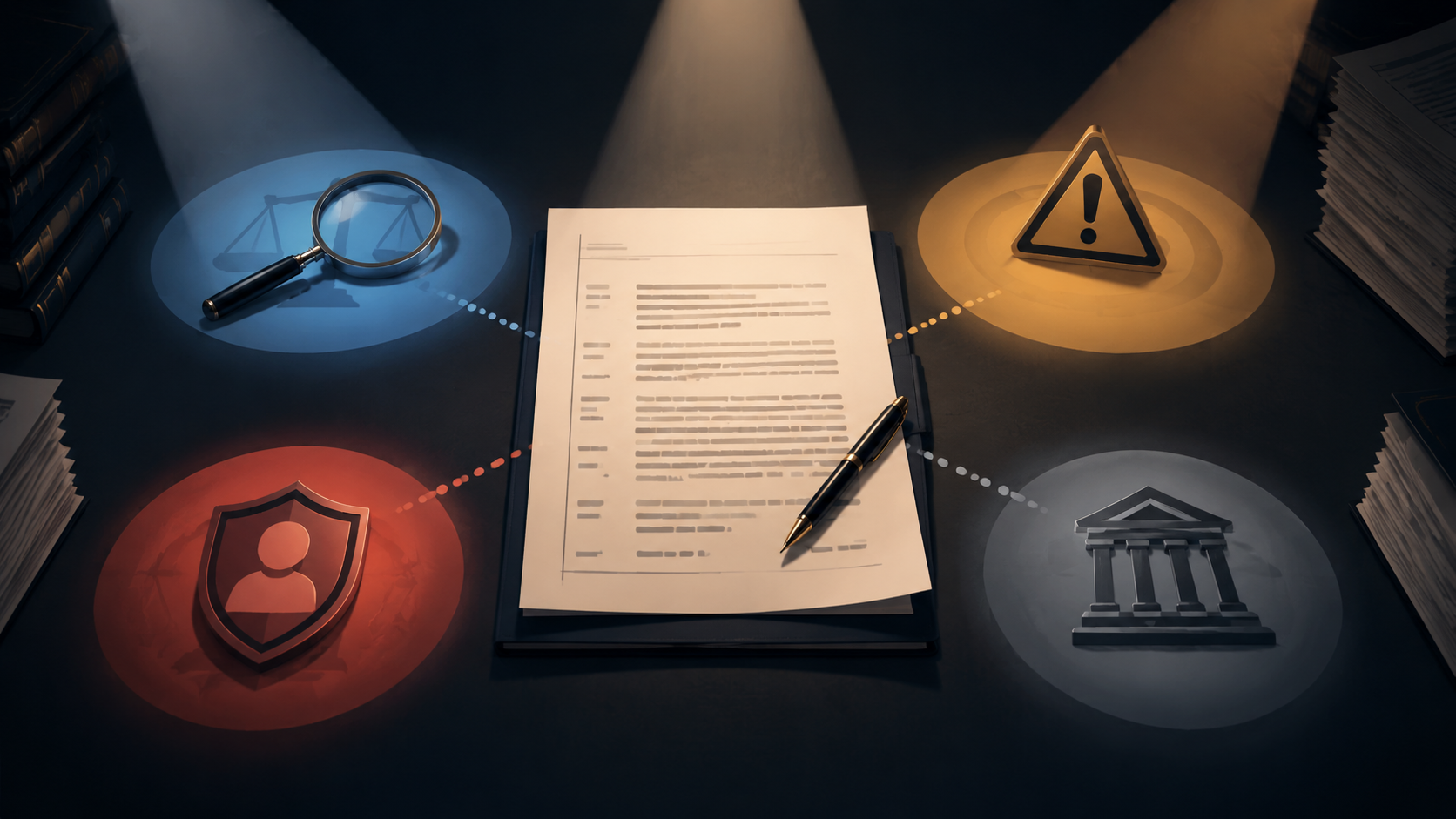 Deposition transcript shown at the center of four distinct legal risk categories