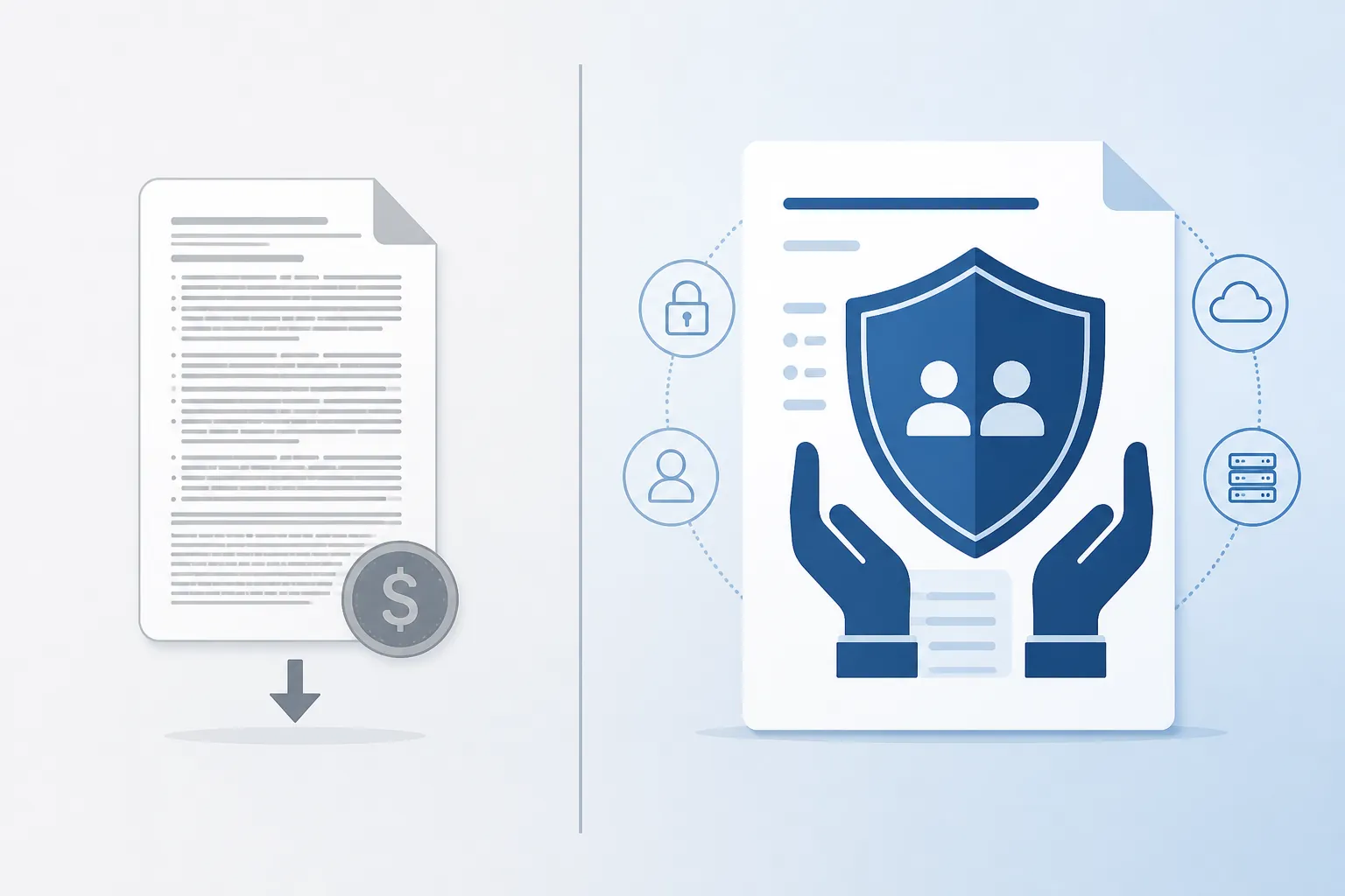 Split illustration contrasting a consumer fine-print contract with a low liability cap and an enterprise agreement with a shared-responsibility shield