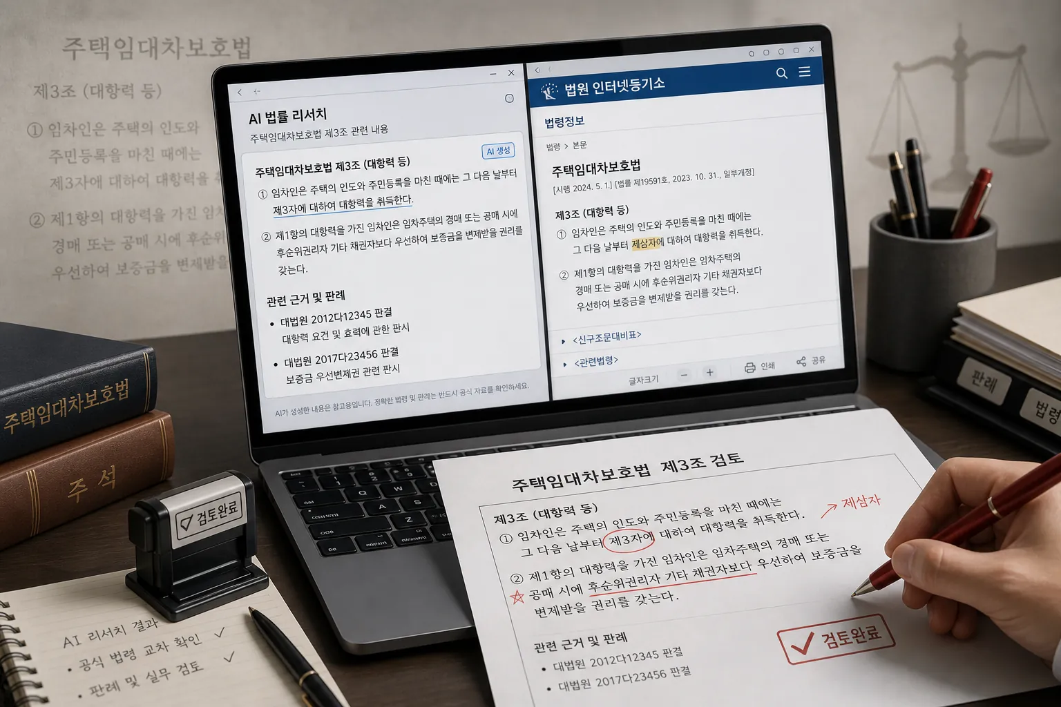 Legal workspace showing AI-generated Korean legal text checked against a Korean court verification portal
