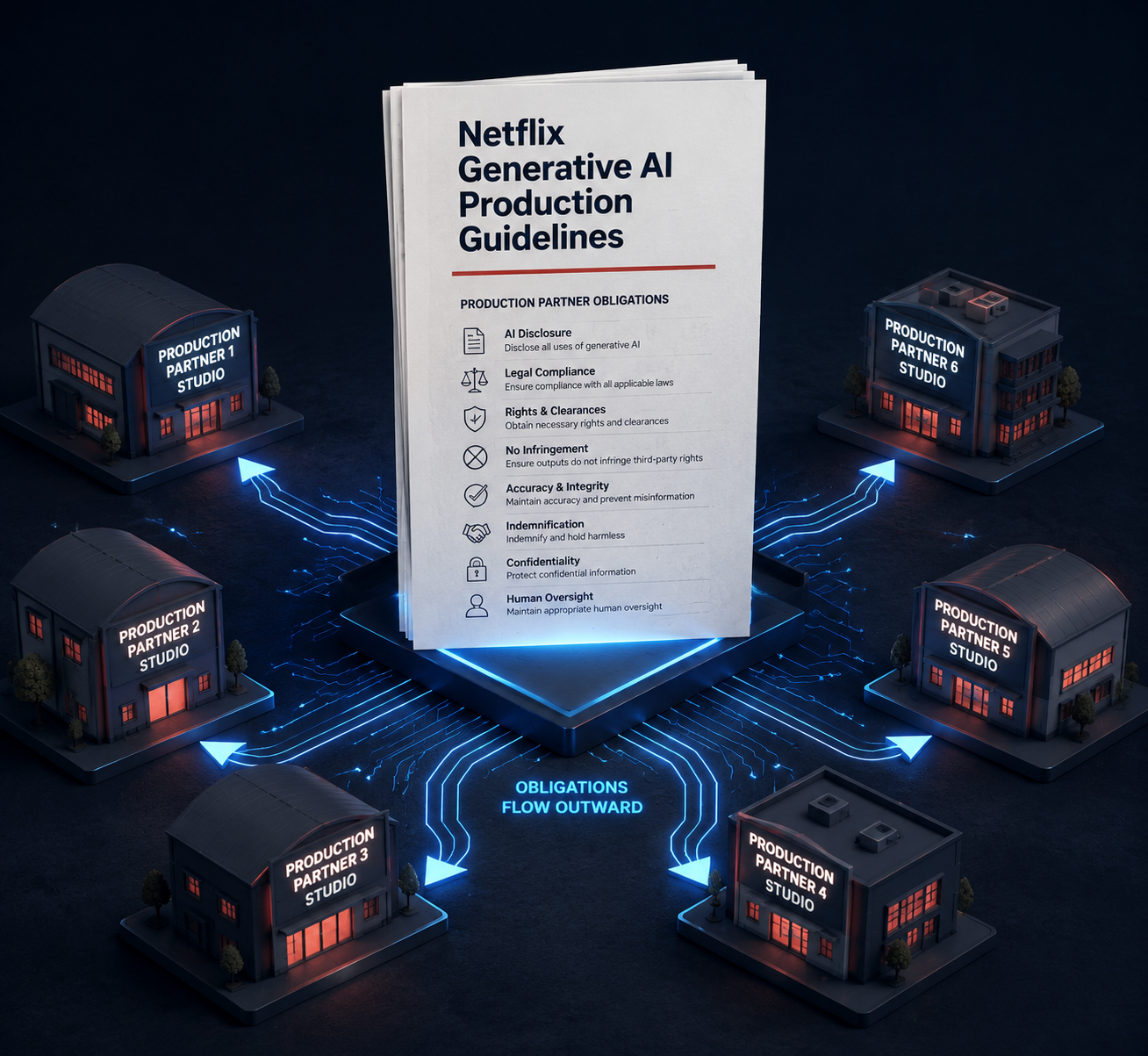Legal document titled Netflix Generative AI Production Guidelines sending glowing circuit lines toward studio buildings