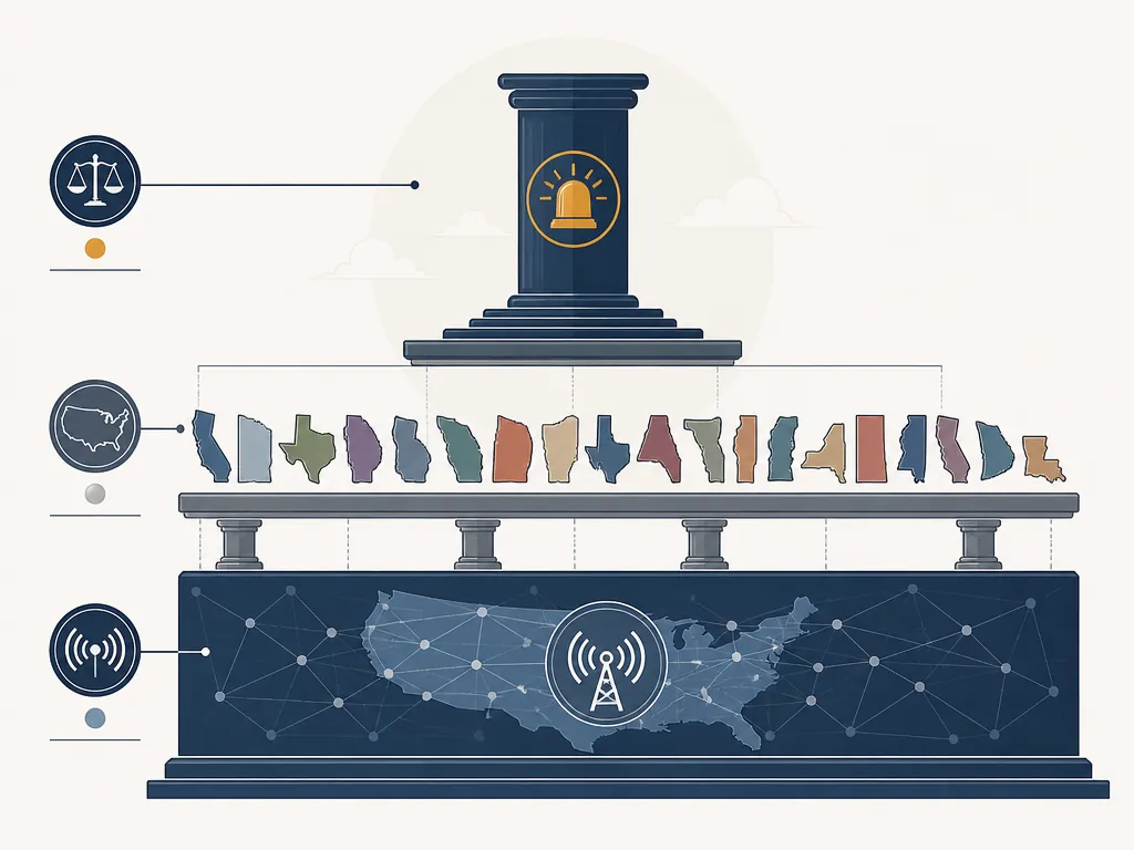 Diagram showing federal, state, and communications layers for missing-person alert law