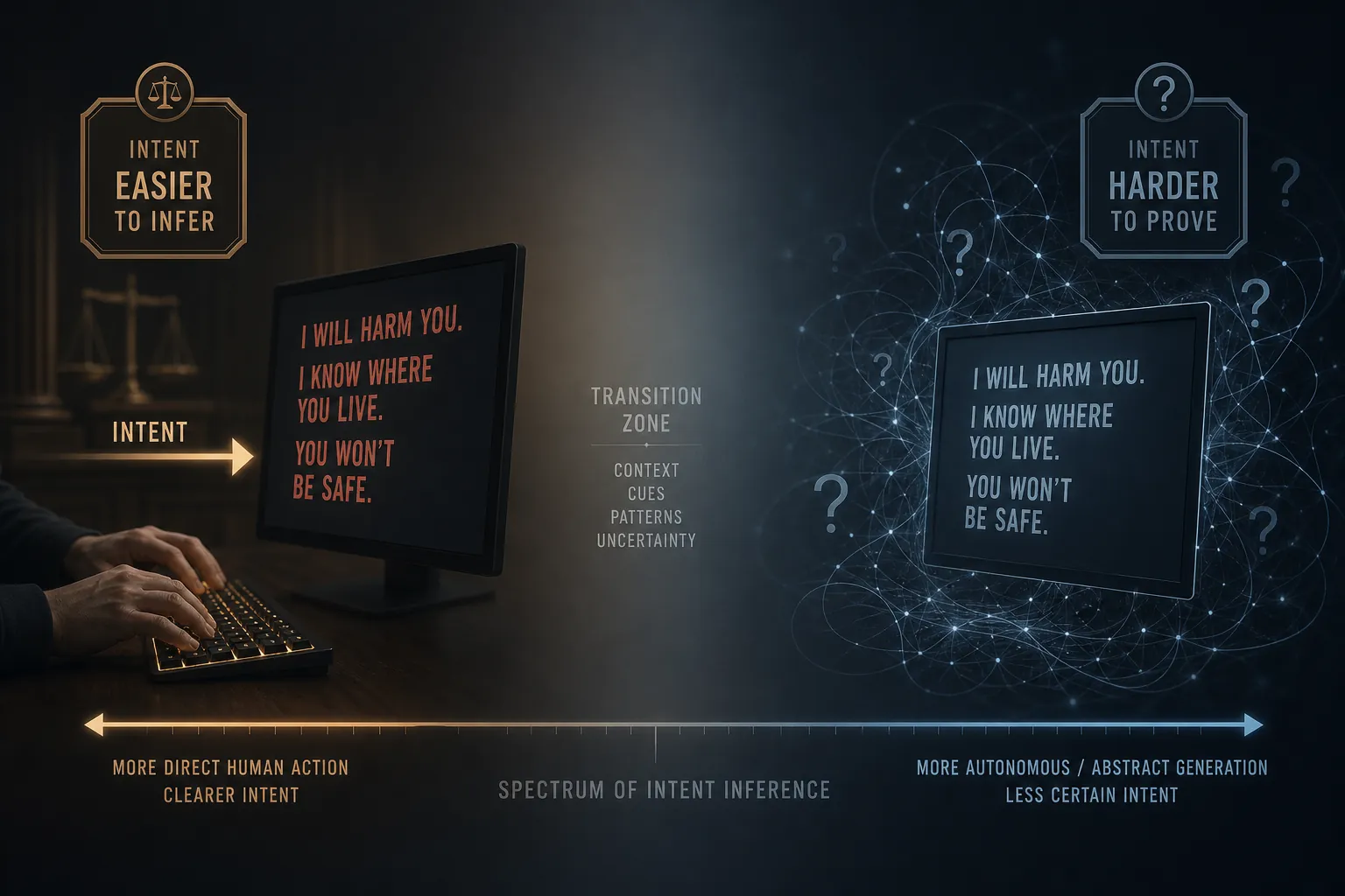 Spectrum showing human-directed threatening text on one side and AI-generated threatening text with authorship uncertainty on the other