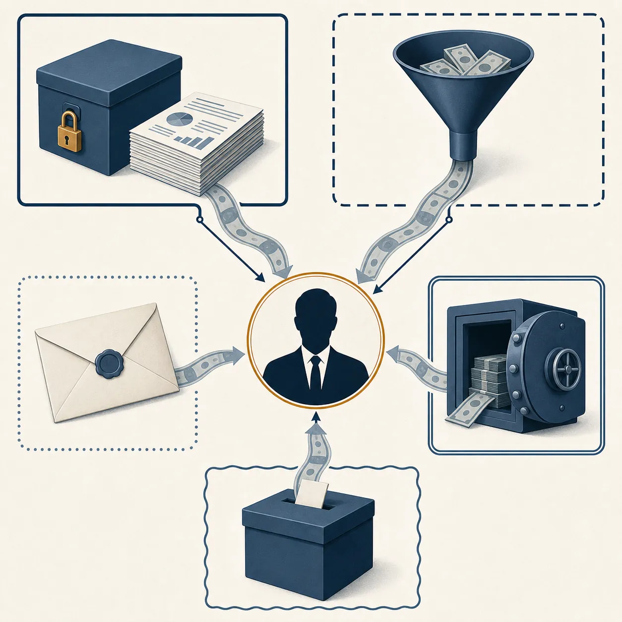 Compliance map illustration showing separate fundraising vehicles connected to a central political figure