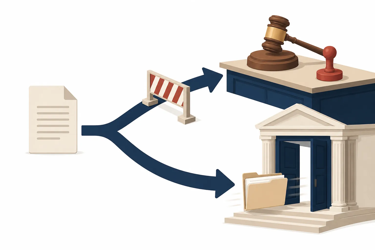 A charging document follows one blocked route past a judge's gavel and another route through an open courthouse door