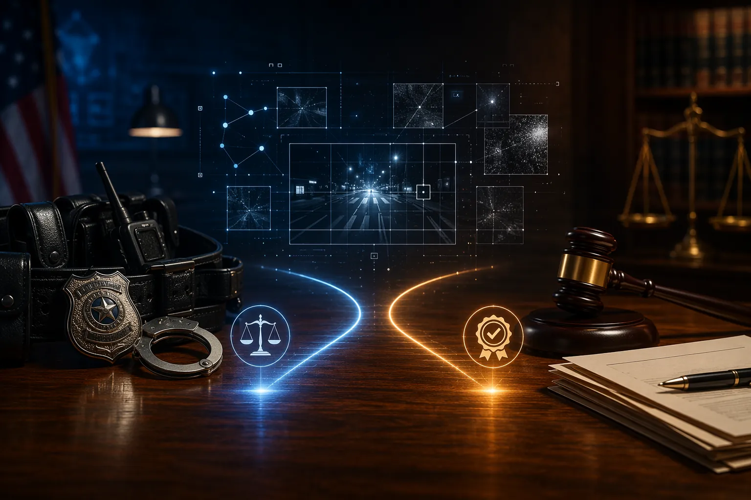Legal desk with police duty gear, court documents, video analysis grids, and diverging criminal and certification paths