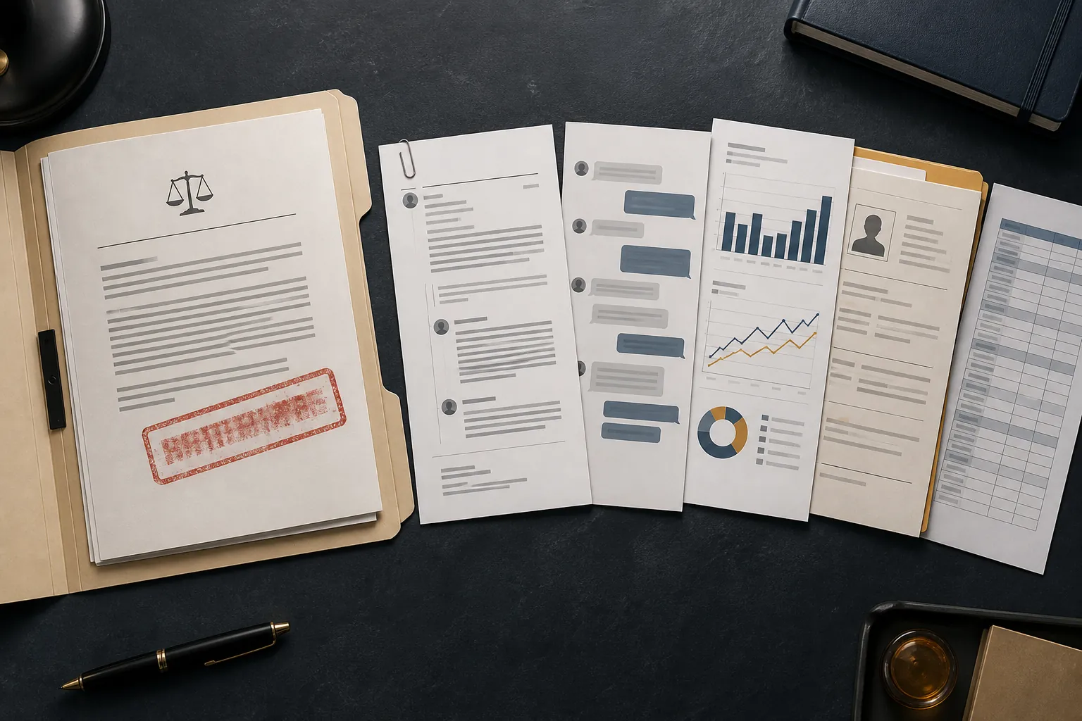 Open legal file containing email, message, dashboard, personnel, and spreadsheet records