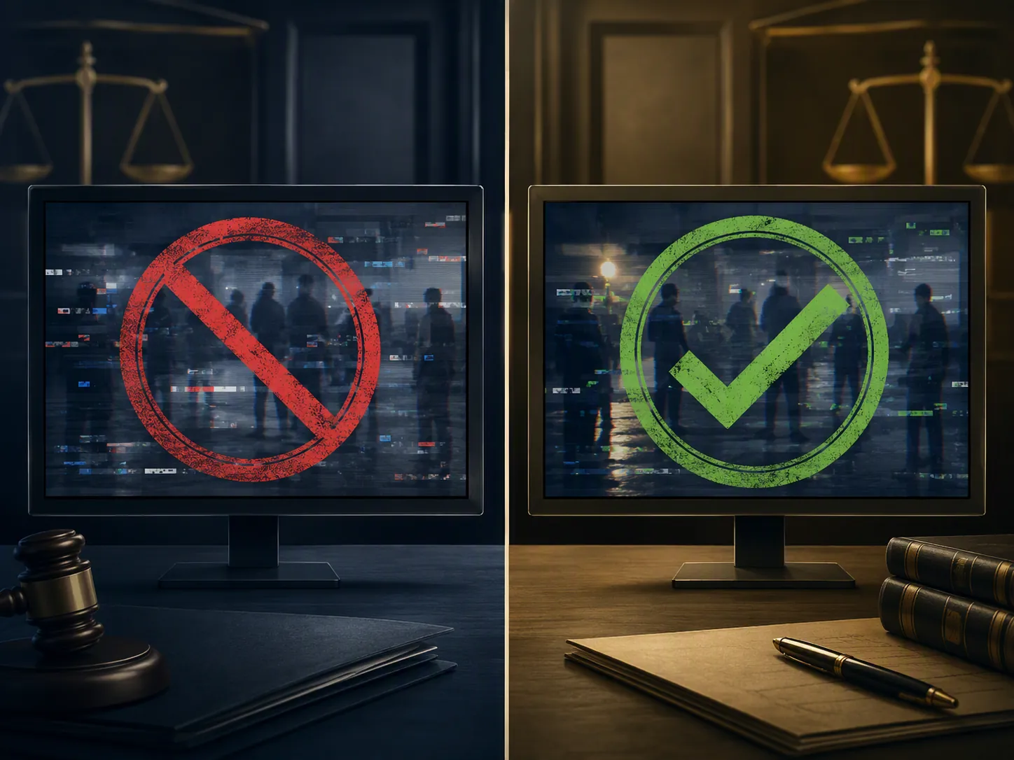 Split illustration showing one video exhibit rejected and another accepted with a verification check