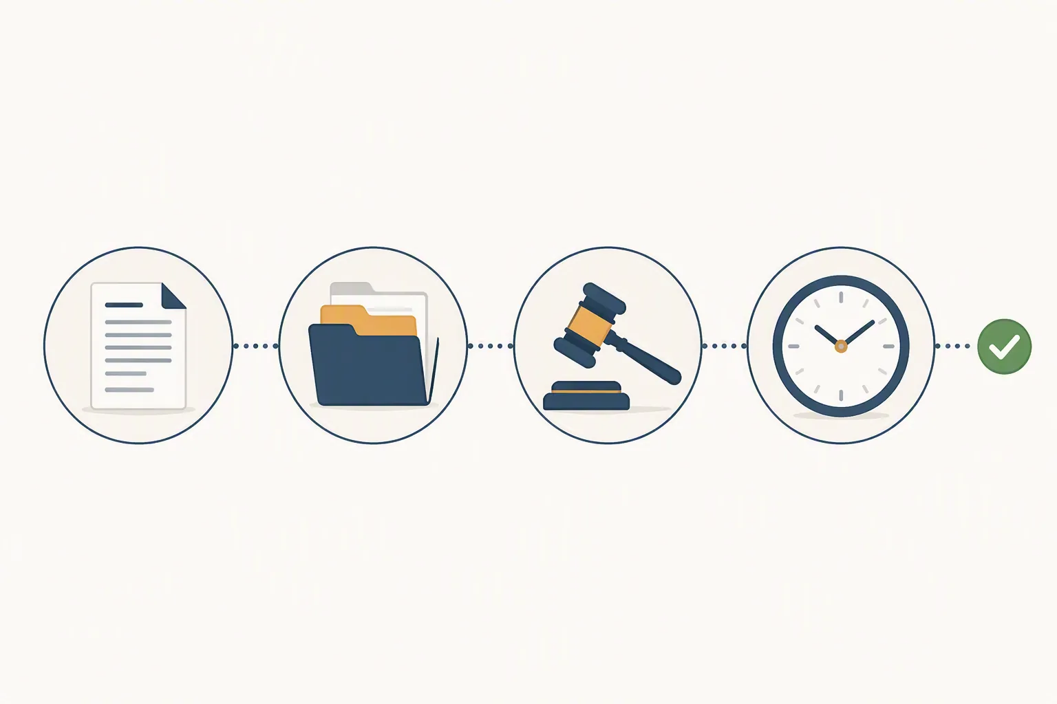 A minimalist administrative exhaustion path connecting a document, report folder, gavel, and clock before a checkmark
