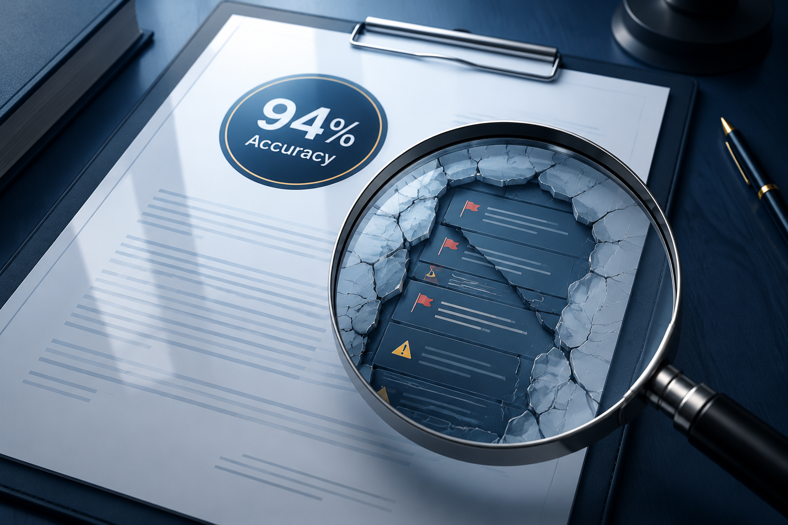 Contract document under a magnifying glass showing cracks beneath a high accuracy score badge