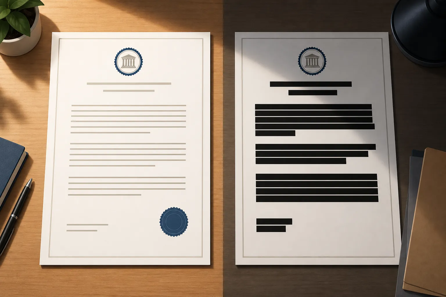 Two official documents contrasting a complete verified record with information left undisclosed