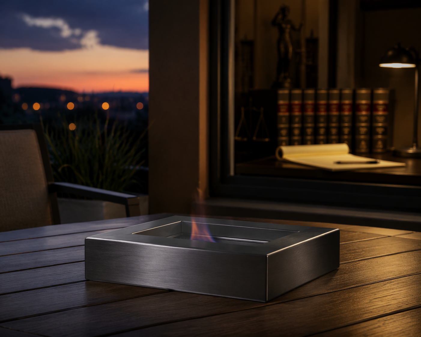 A stainless steel tabletop fire pit with a faint alcohol flame on a patio table near legal materials