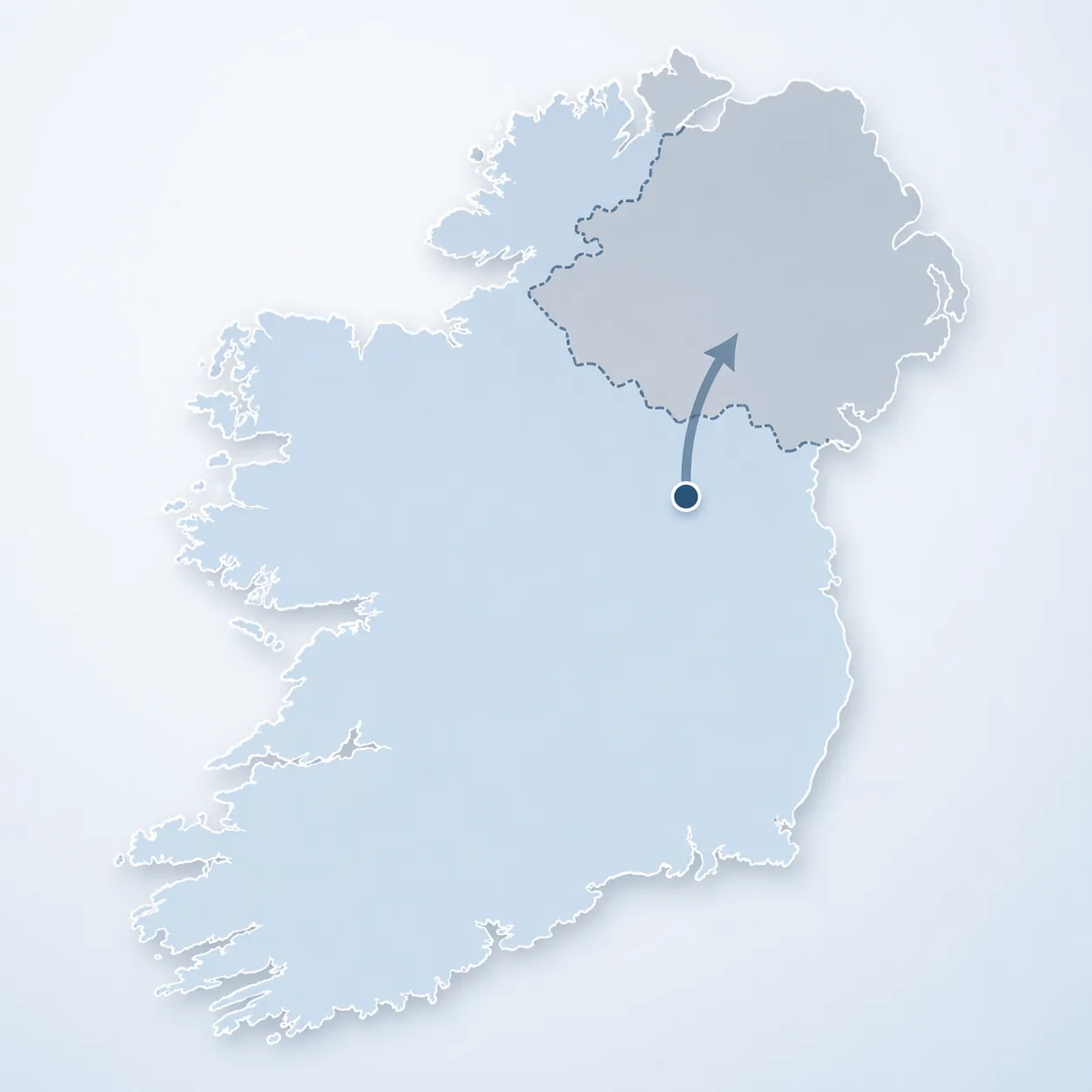 Map outline of Ireland with a dashed border and movement arrow into Northern Ireland