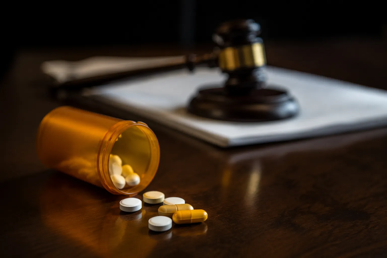 Prescription pill bottle and scattered pills near a gavel and legal documents
